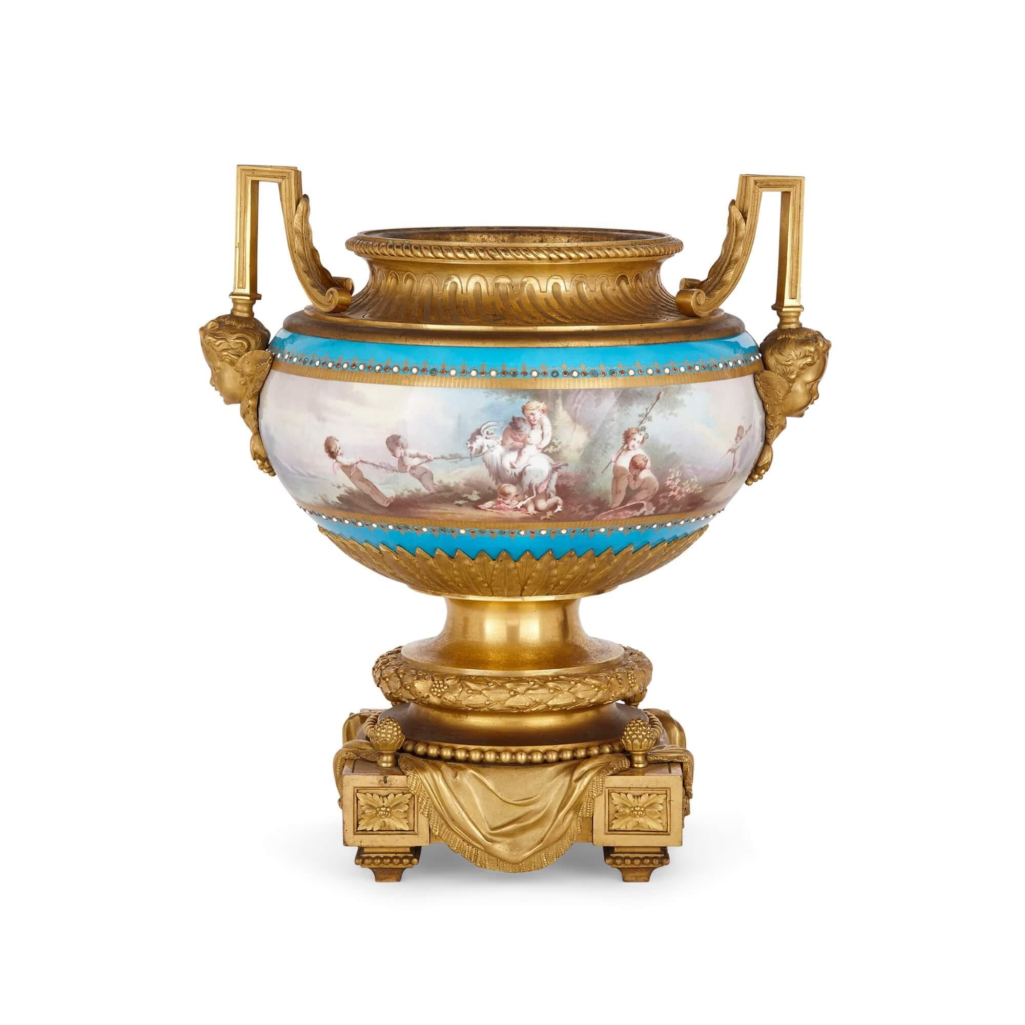 Rococo Ormolu and Sèvres-style porcelain three-piece garniture suite For Sale