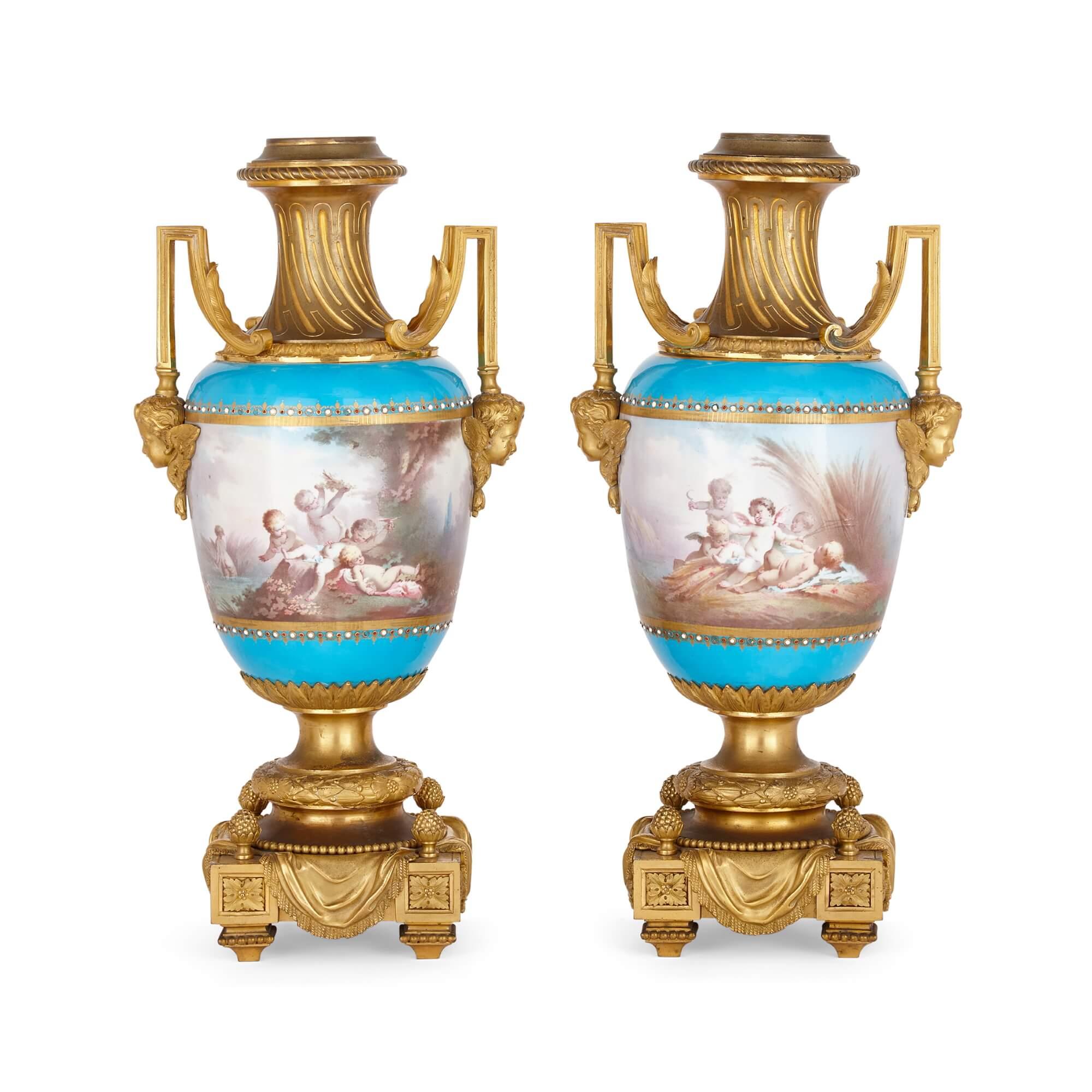 French Ormolu and Sèvres-style porcelain three-piece garniture suite For Sale