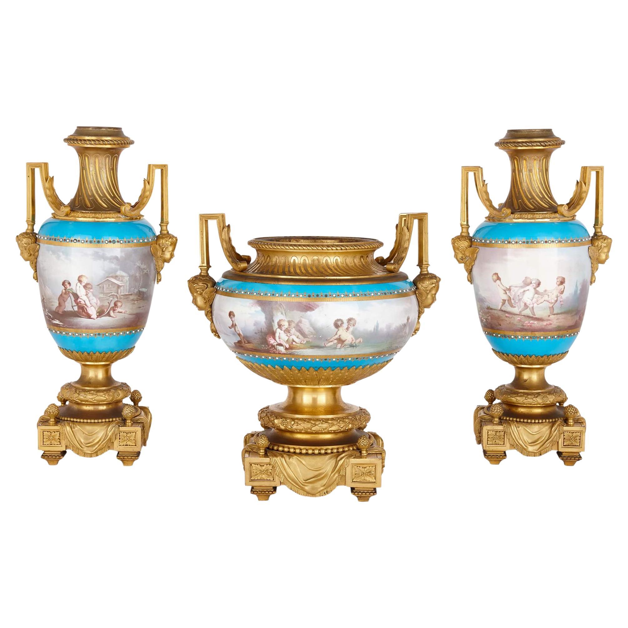 Ormolu and Sèvres-style porcelain three-piece garniture suite For Sale