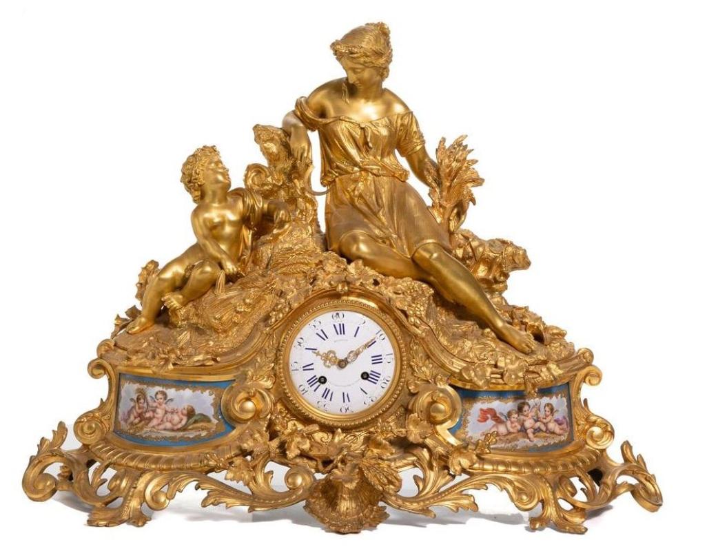 French Ormolu And Sevres Style Porcelain Three Piece Mantel Clock Garniture Set For Sale