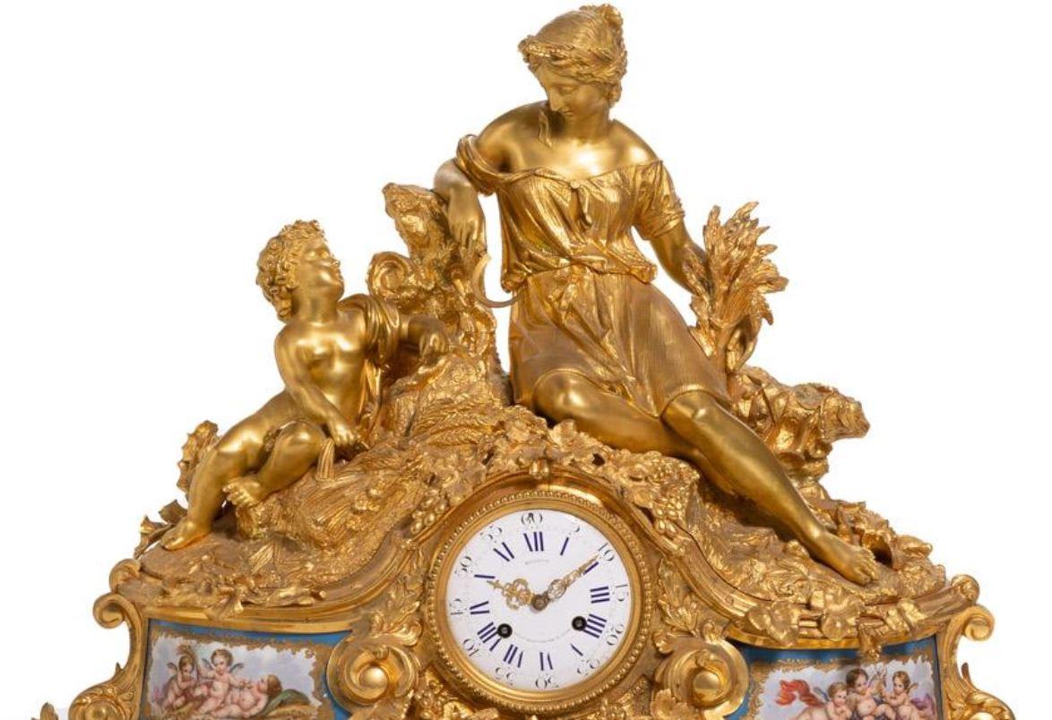 Ormolu And Sevres Style Porcelain Three Piece Mantel Clock Garniture Set In Good Condition For Sale In Cypress, CA