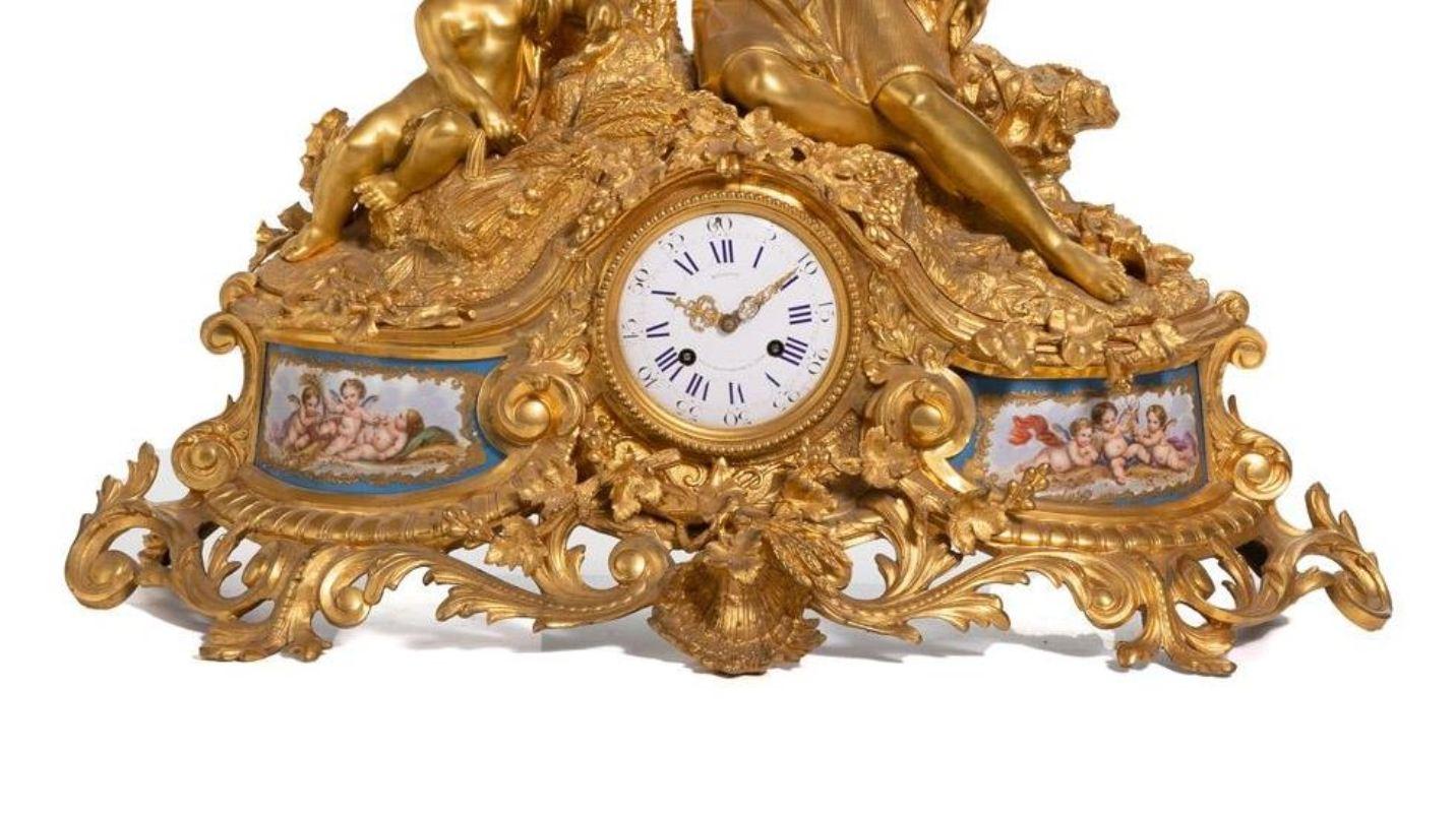 Ormolu And Sevres Style Porcelain Three Piece Mantel Clock Garniture Set For Sale 1