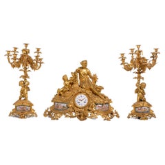 Ormolu And Sevres Style Porcelain Three Piece Mantel Clock Garniture Set