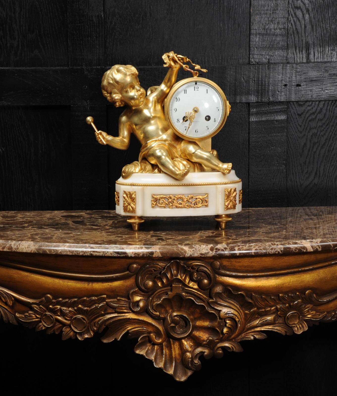 Ormolu and White Marble Antique Clock, Putto Floating in Clouds Playing a Drum 3
