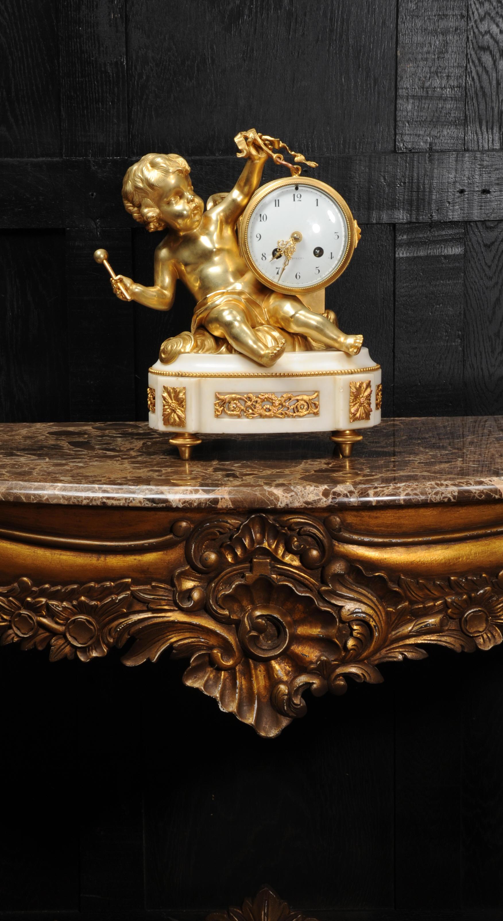 Ormolu and White Marble Antique Clock, Putto Floating in Clouds Playing a Drum 7