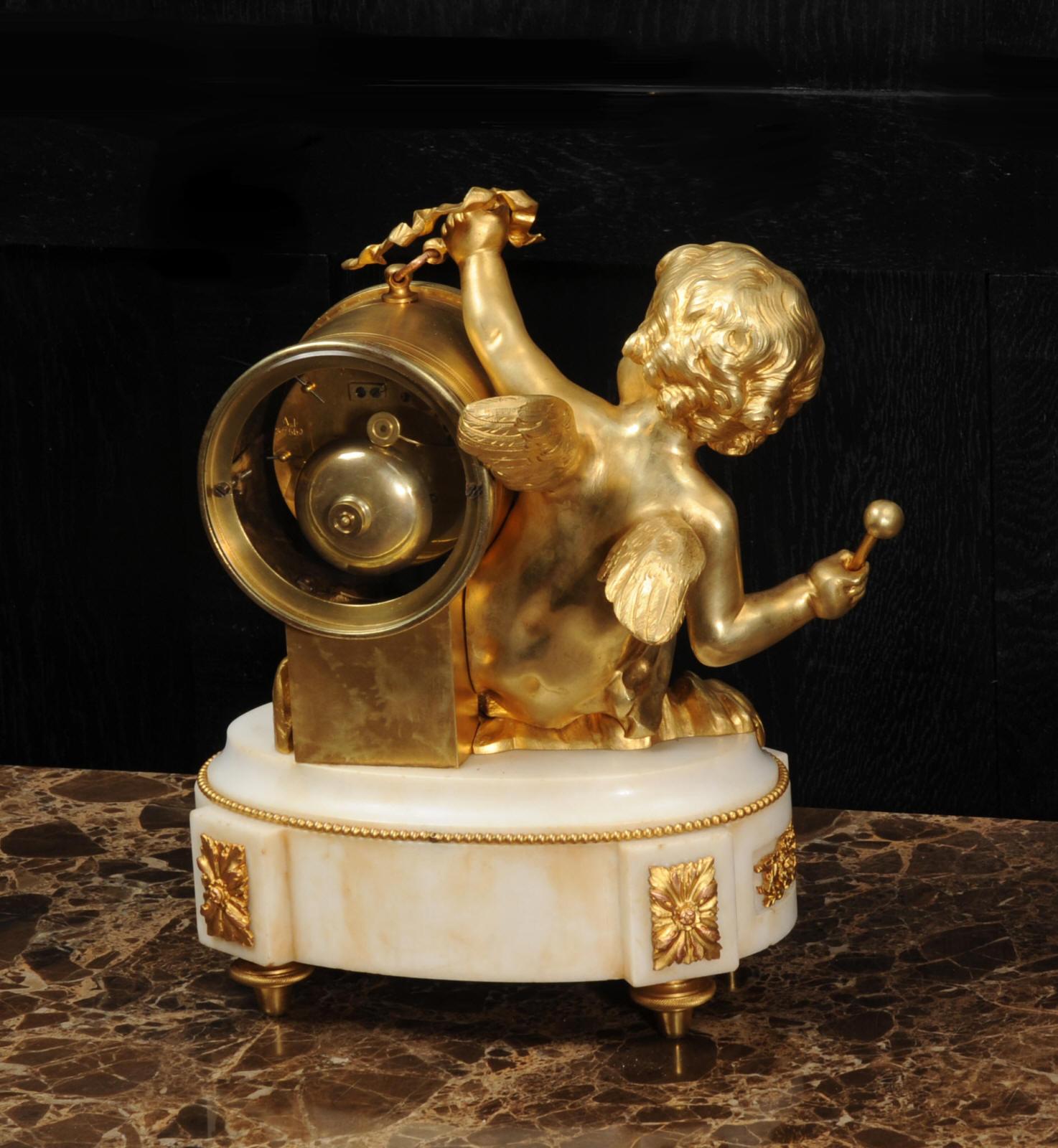Ormolu and White Marble Antique Clock, Putto Floating in Clouds Playing a Drum 8