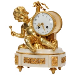Ormolu and White Marble Antique Clock, Putto Floating in Clouds Playing a Drum