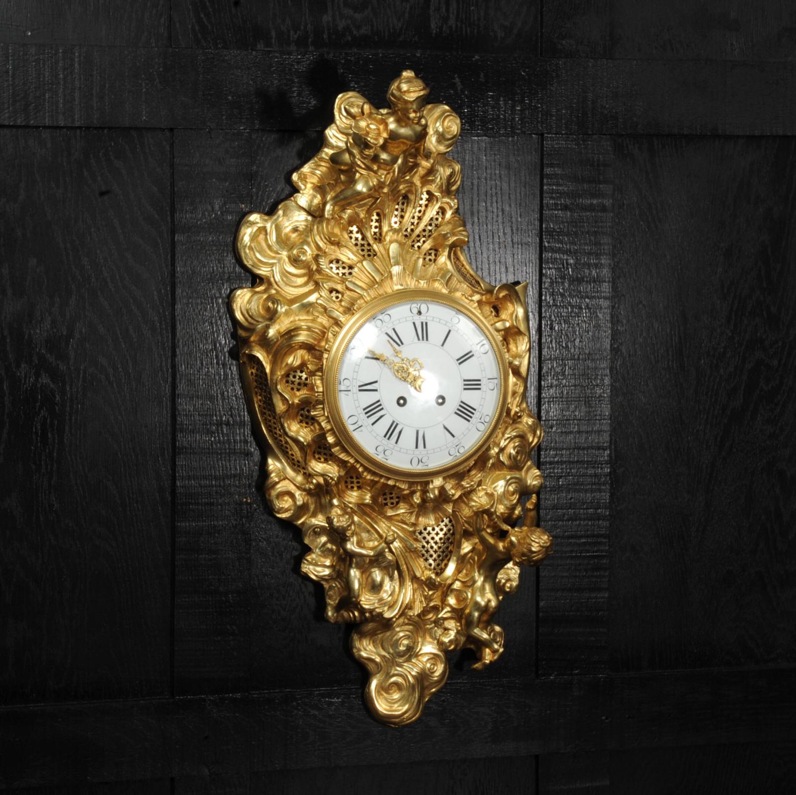 Louis XV Ormolu Antique French Rococo Cartel Wall Clock For Sale