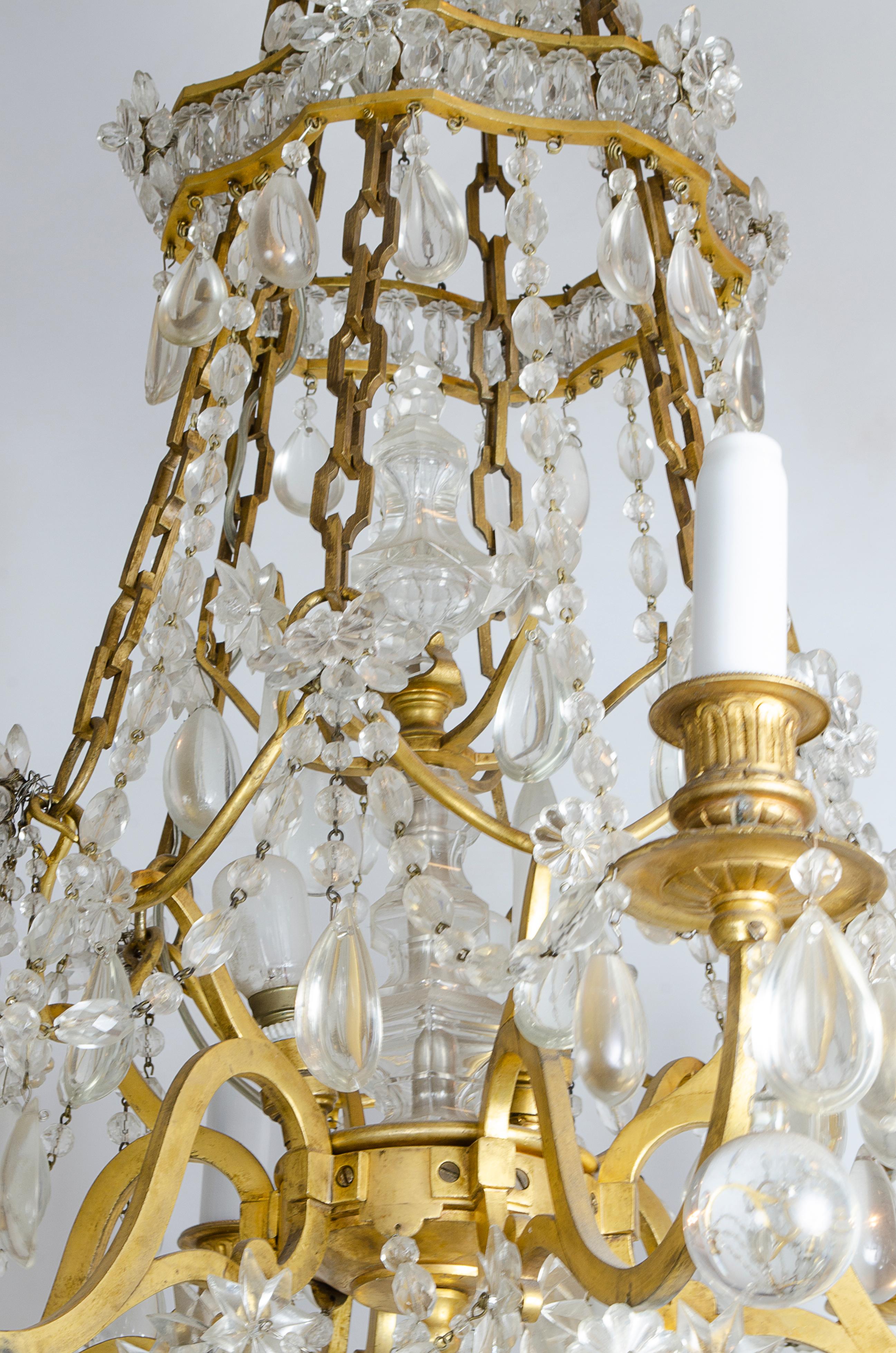 Art nouveau Lustre en bronze doré et cristal de Baccarat en vente