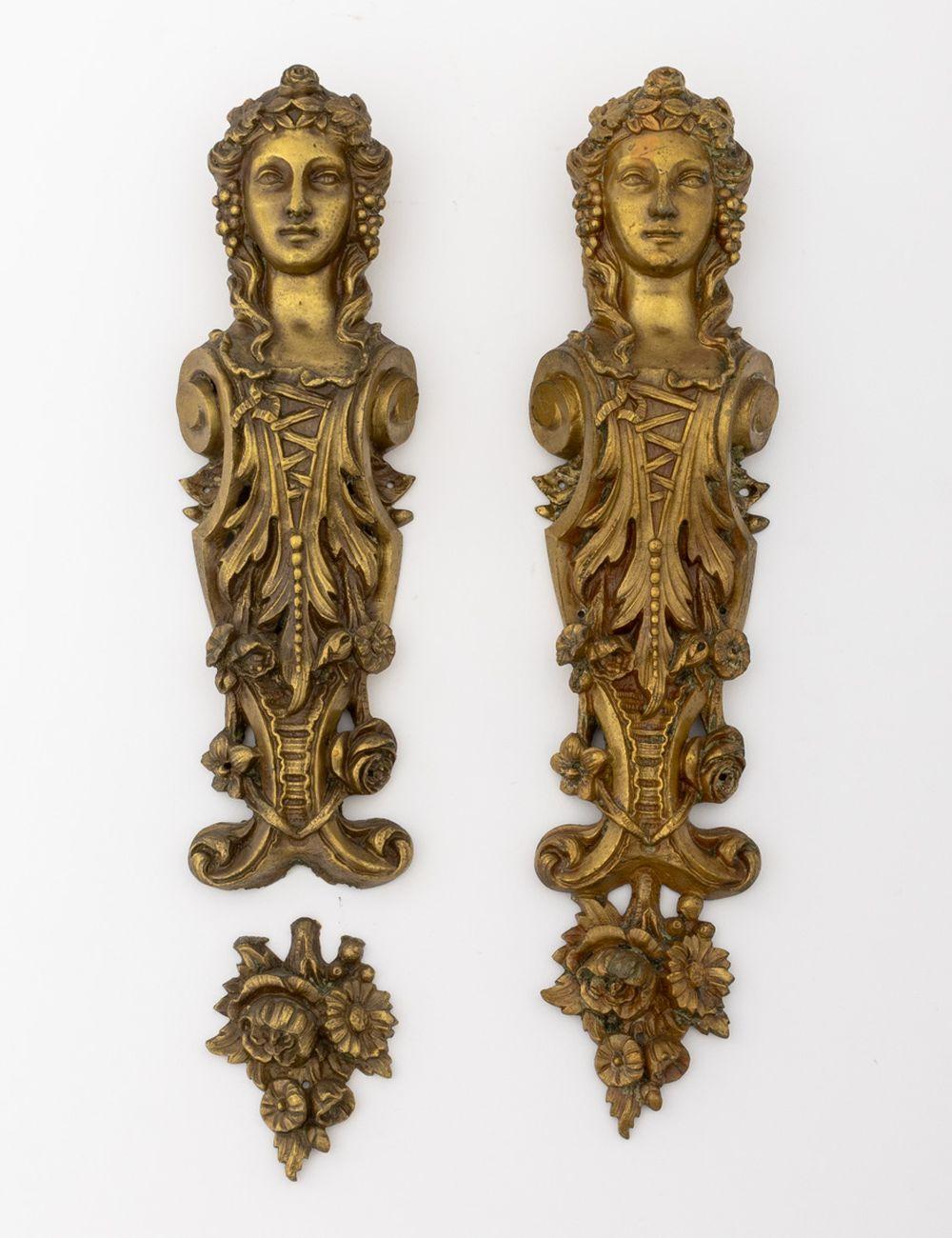 Pair of Ormolu Bronze Neoclassical Figural Mounts, 19th century, with scroll and acanthus leaf motif throughout. 13.5