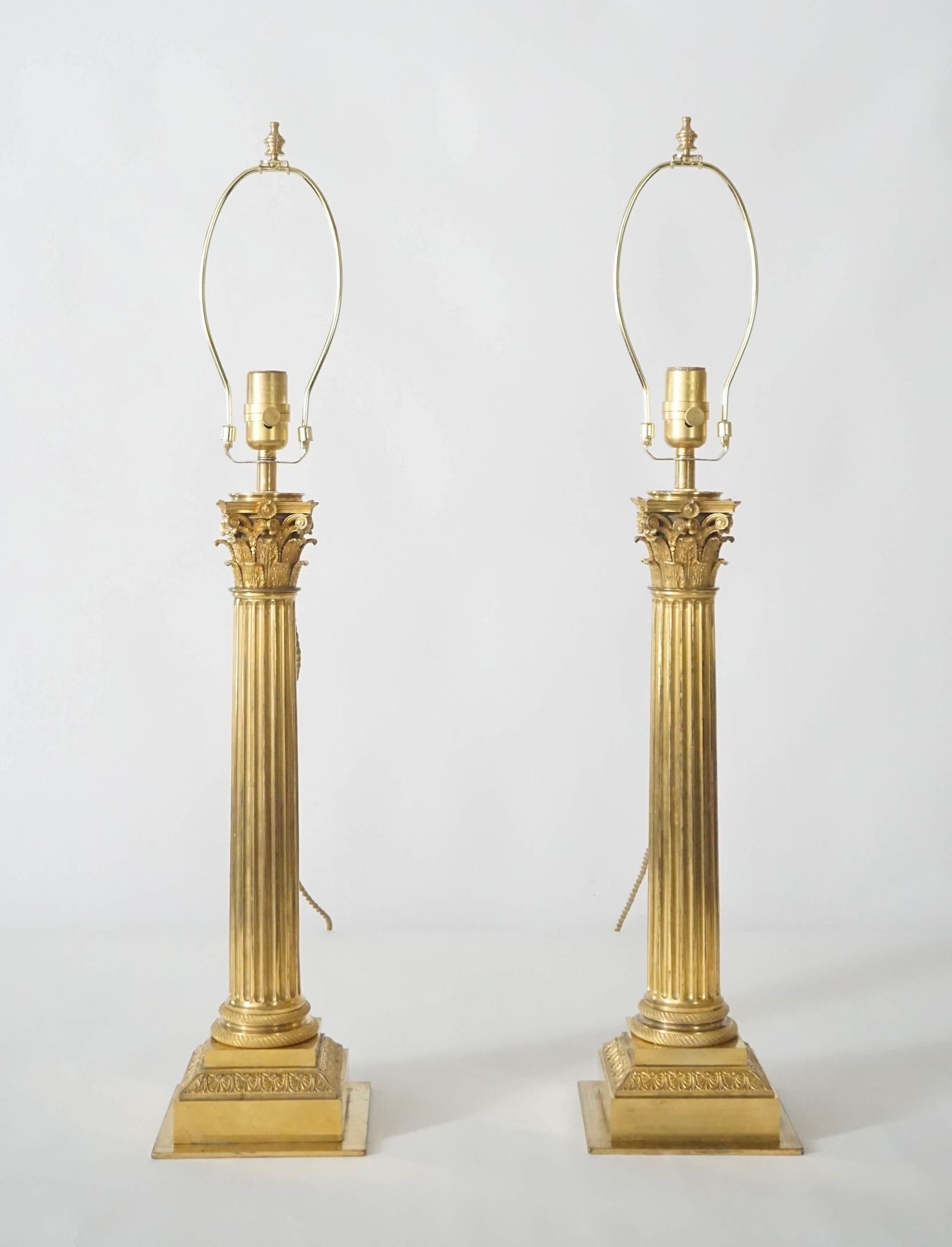 Neoclassical Ormolu Corinthian Column Sinumbra Base Table Lamps, France, circa 1825 For Sale
