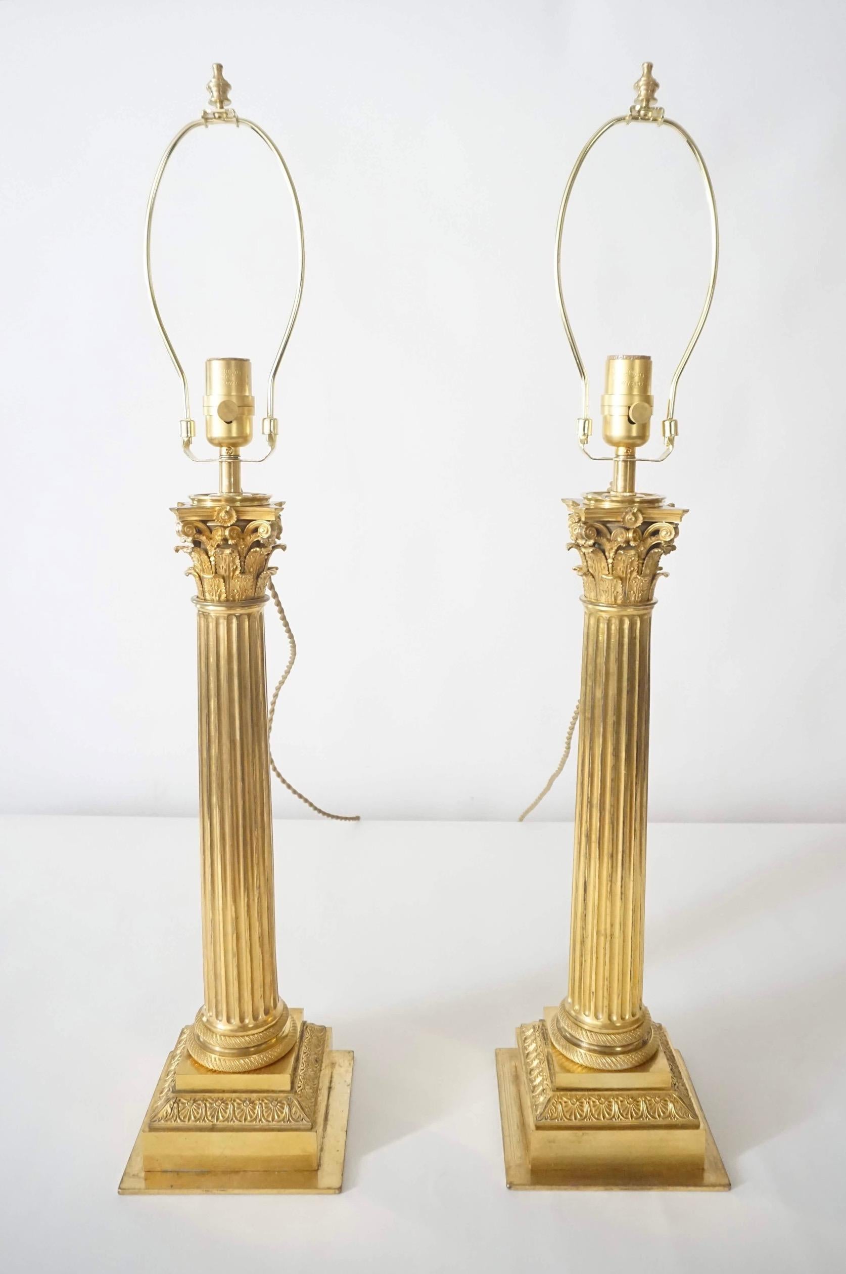 French Ormolu Corinthian Column Sinumbra Base Table Lamps, France, circa 1825 For Sale