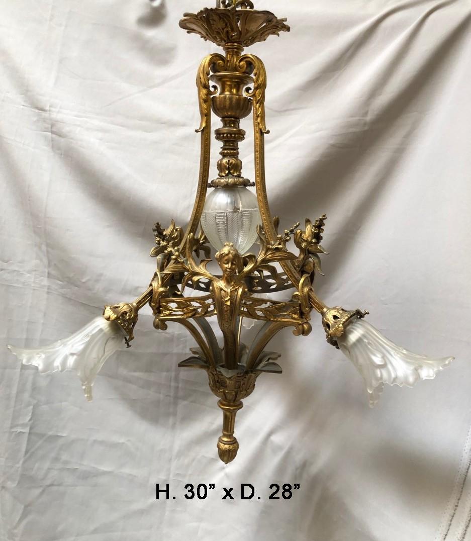 Fine 19th century French Regence style ormolu three light chandelier with beautiful glass shades.
Meticulous attention has been given to every detail. 
Measures: H 30