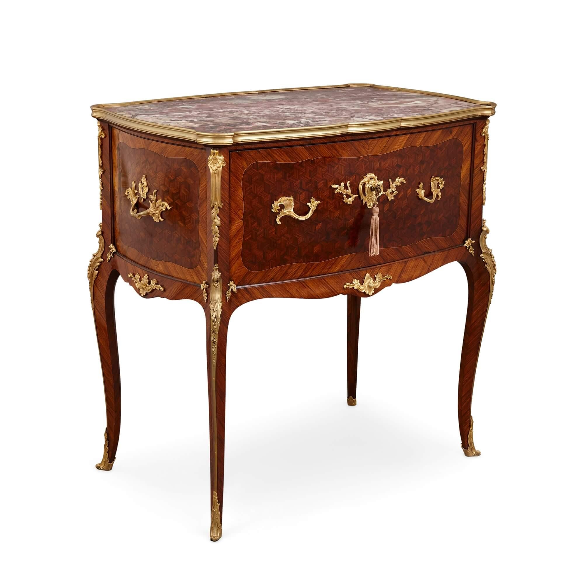 Louis XV Ormolu, Kingwood, Bois Satine and Parquetry Side Table by François Linke For Sale