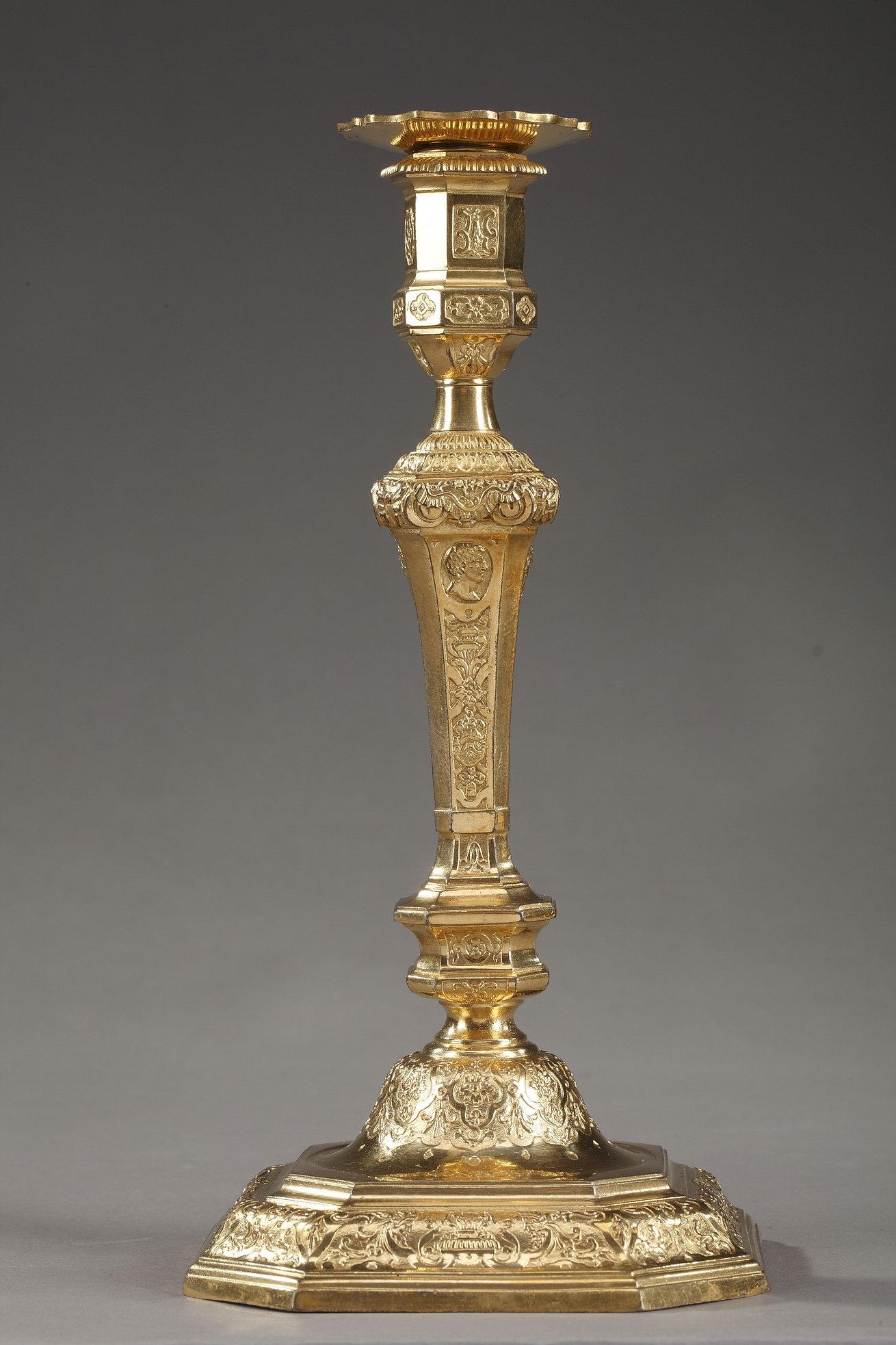 French Ormolu Louis XIV-Louis XV Style Candlesticks