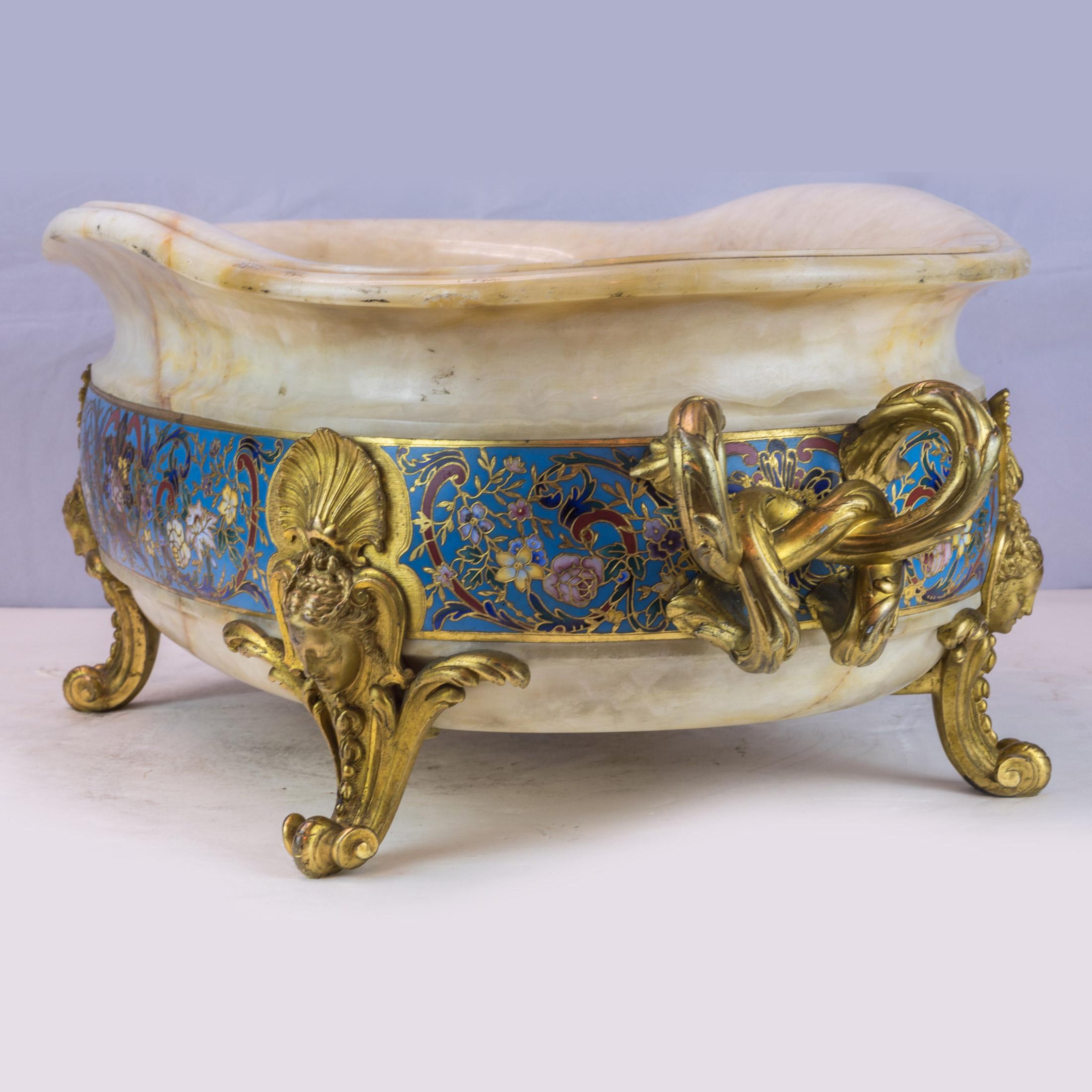 French Ormolu-Mounted and Champlevé Enamel Decorated Onyx Jardinière by Barbedienne For Sale
