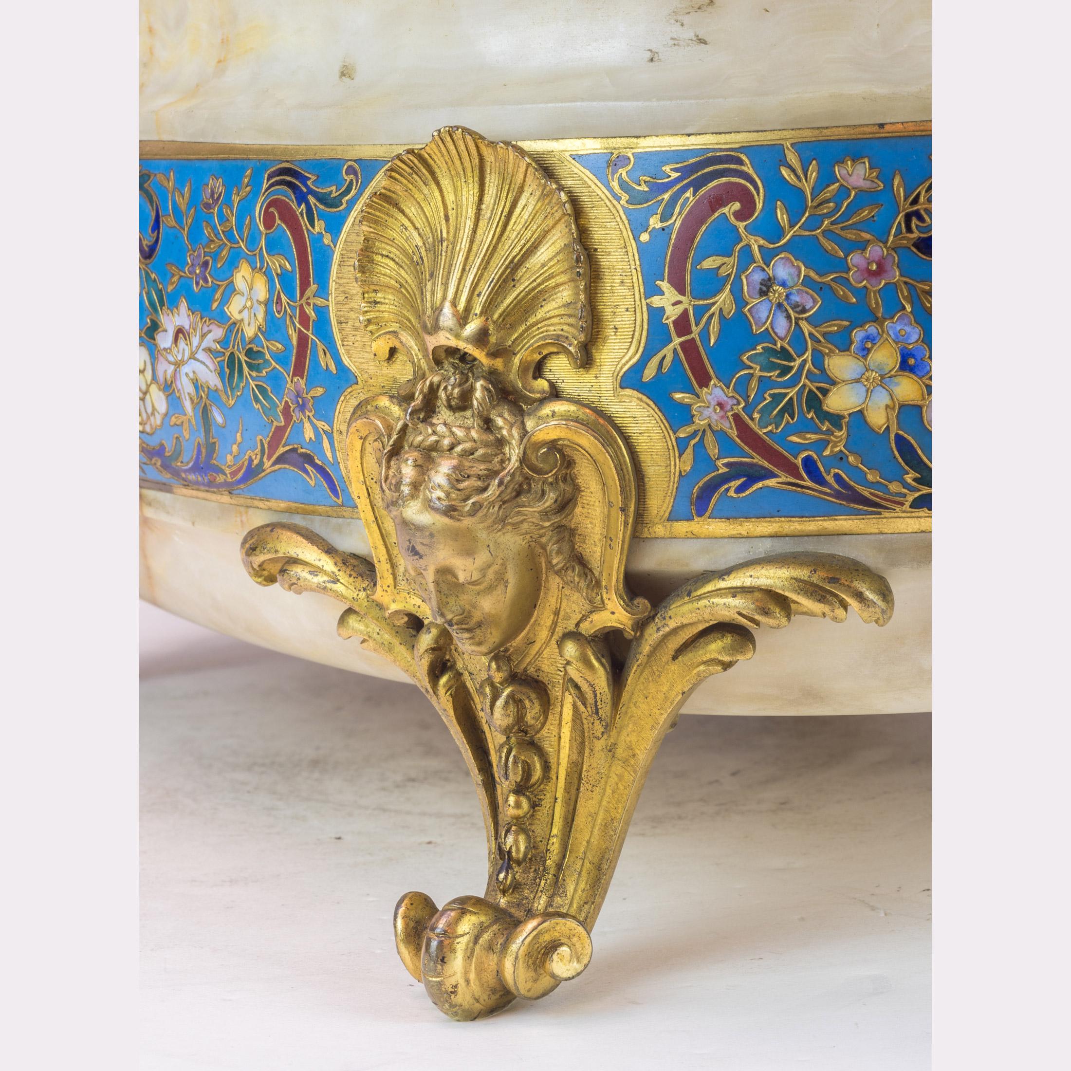 19th Century Ormolu-Mounted and Champlevé Enamel Decorated Onyx Jardinière by Barbedienne For Sale