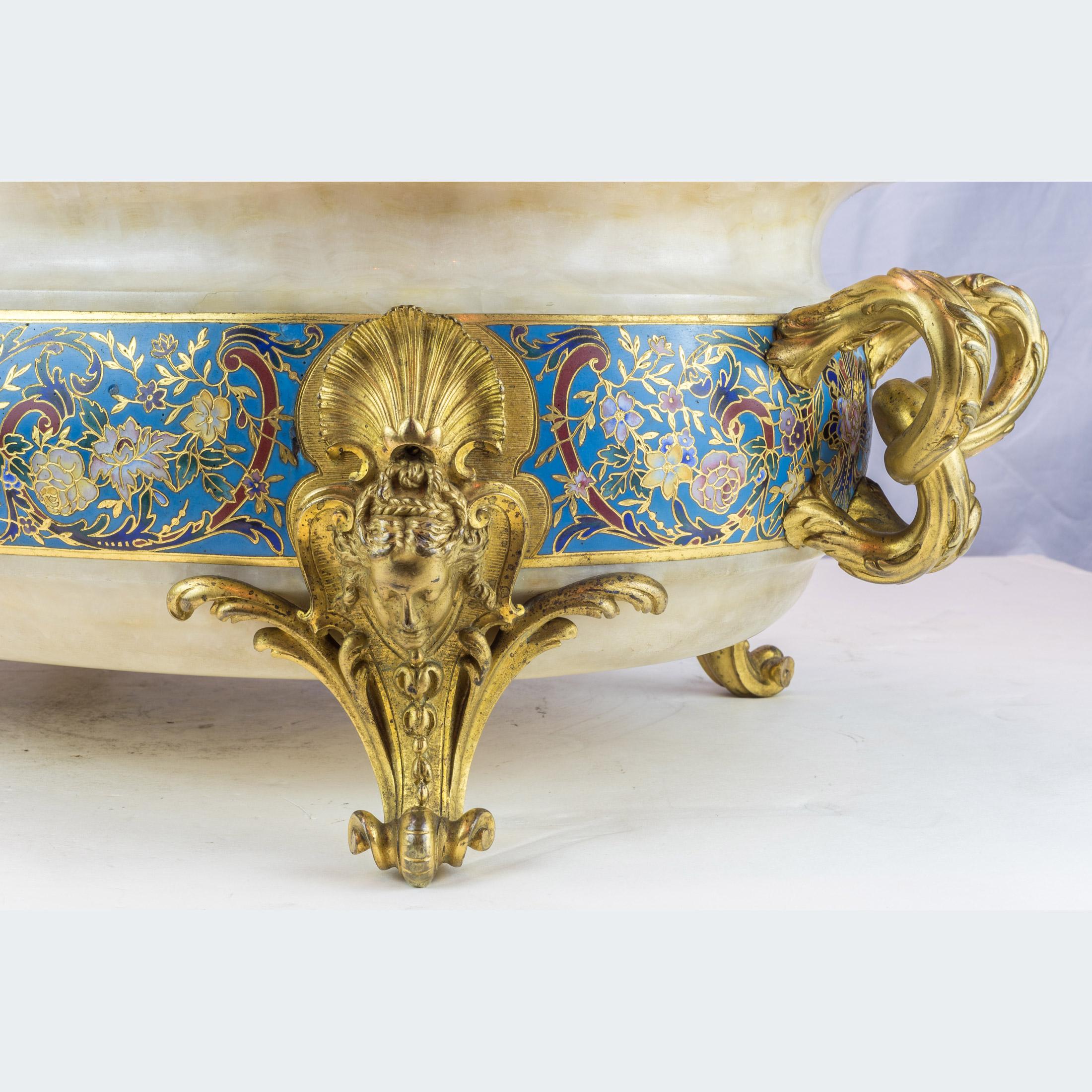 Bronze Ormolu-Mounted and Champlevé Enamel Decorated Onyx Jardinière by Barbedienne For Sale