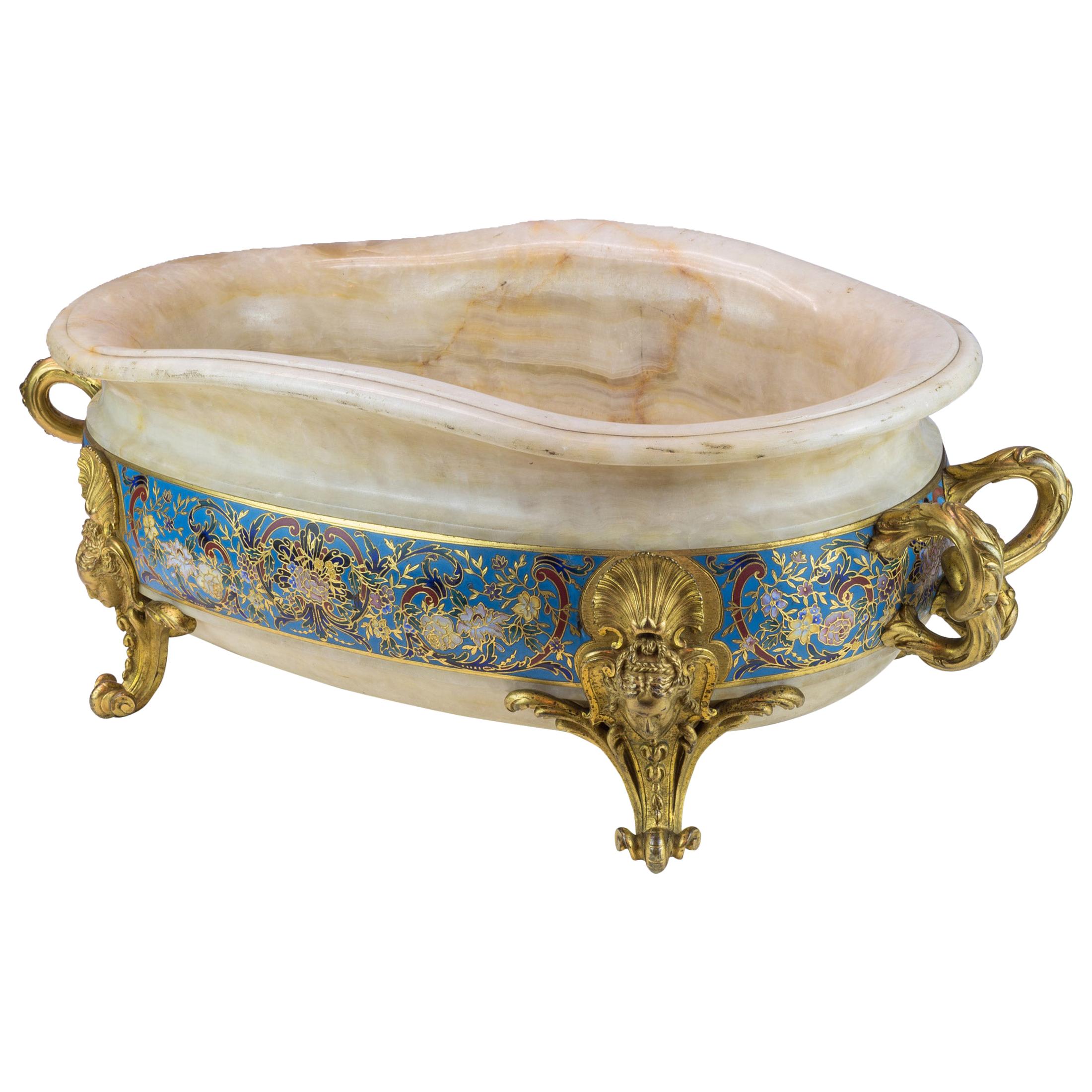 Ormolu-Mounted and Champlevé Enamel Decorated Onyx Jardinière by Barbedienne
