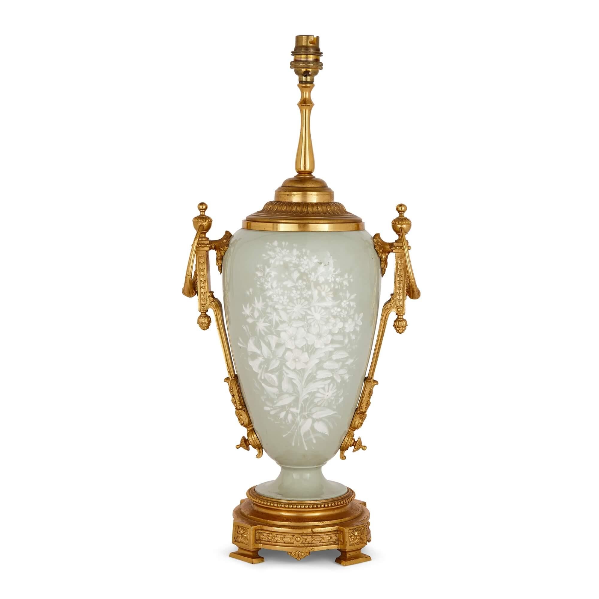 Neoclassical Ormolu Mounted Celadon Porcelain and Pâte-sur-pâte Vase-Form Lamp For Sale