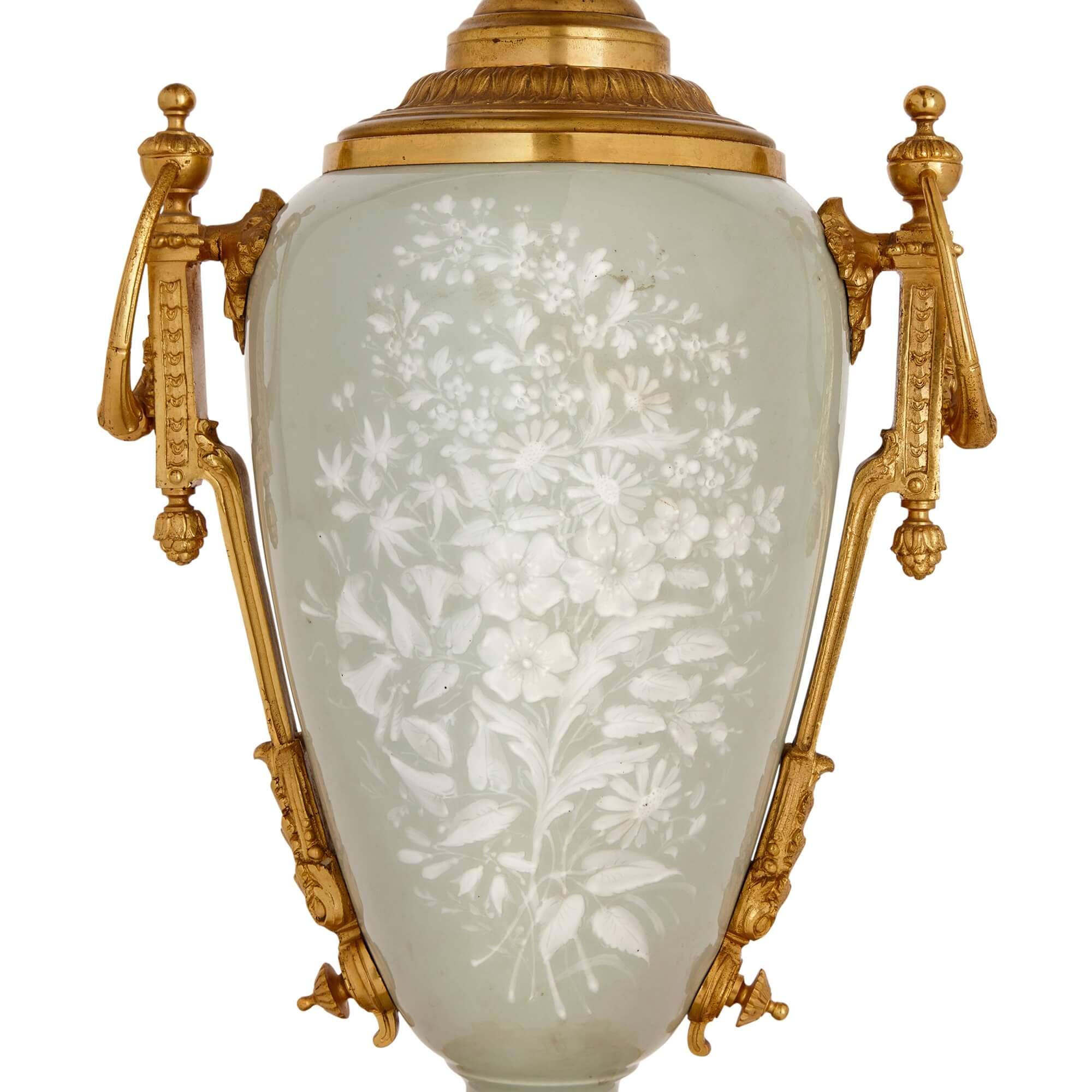 Ormolu Mounted Celadon Porcelain and Pâte-sur-pâte Vase-Form Lamp In Excellent Condition For Sale In London, GB