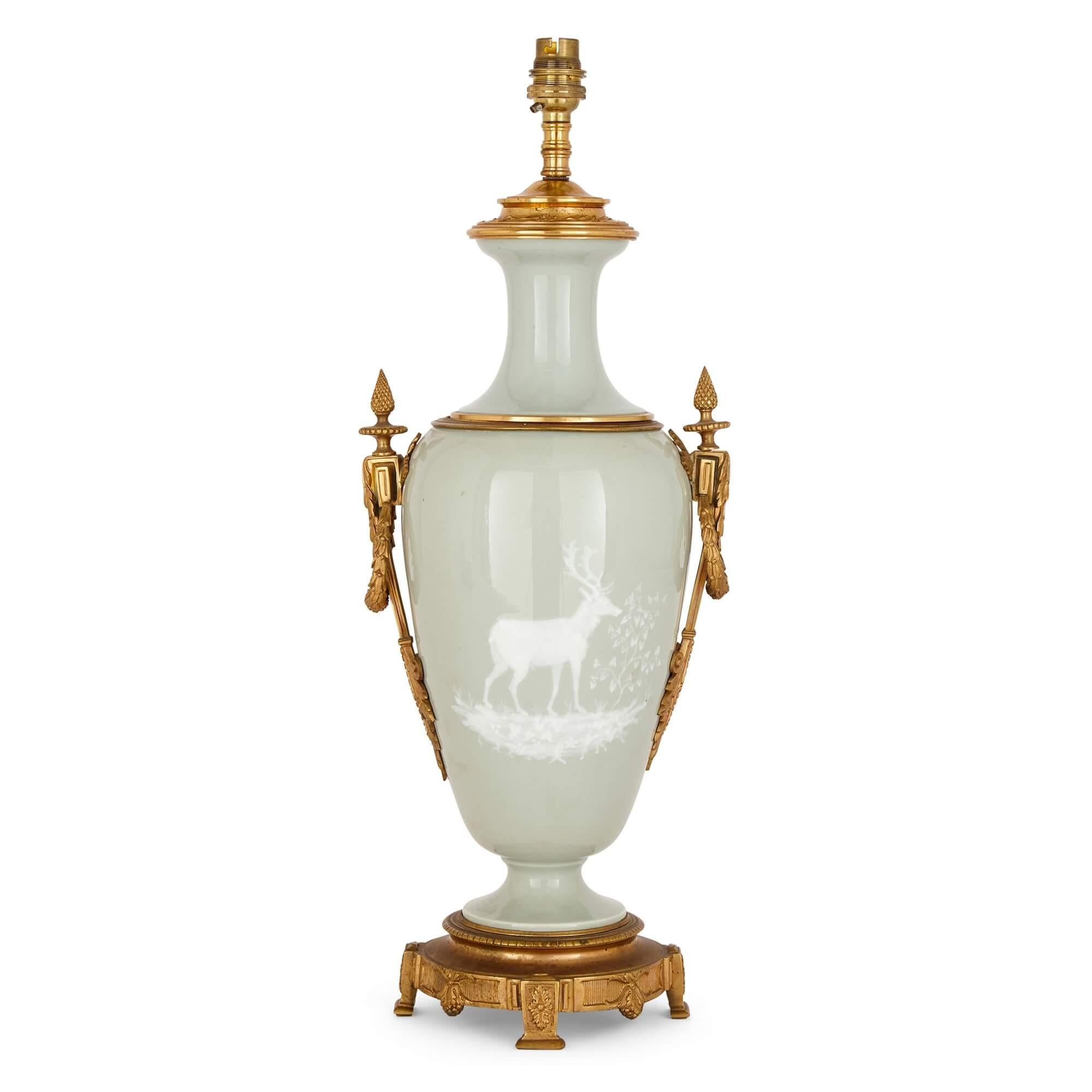 Neoclassical Ormolu Mounted Celadon Porcelain Pâte-sur-pâte Vase-Form Lamp For Sale