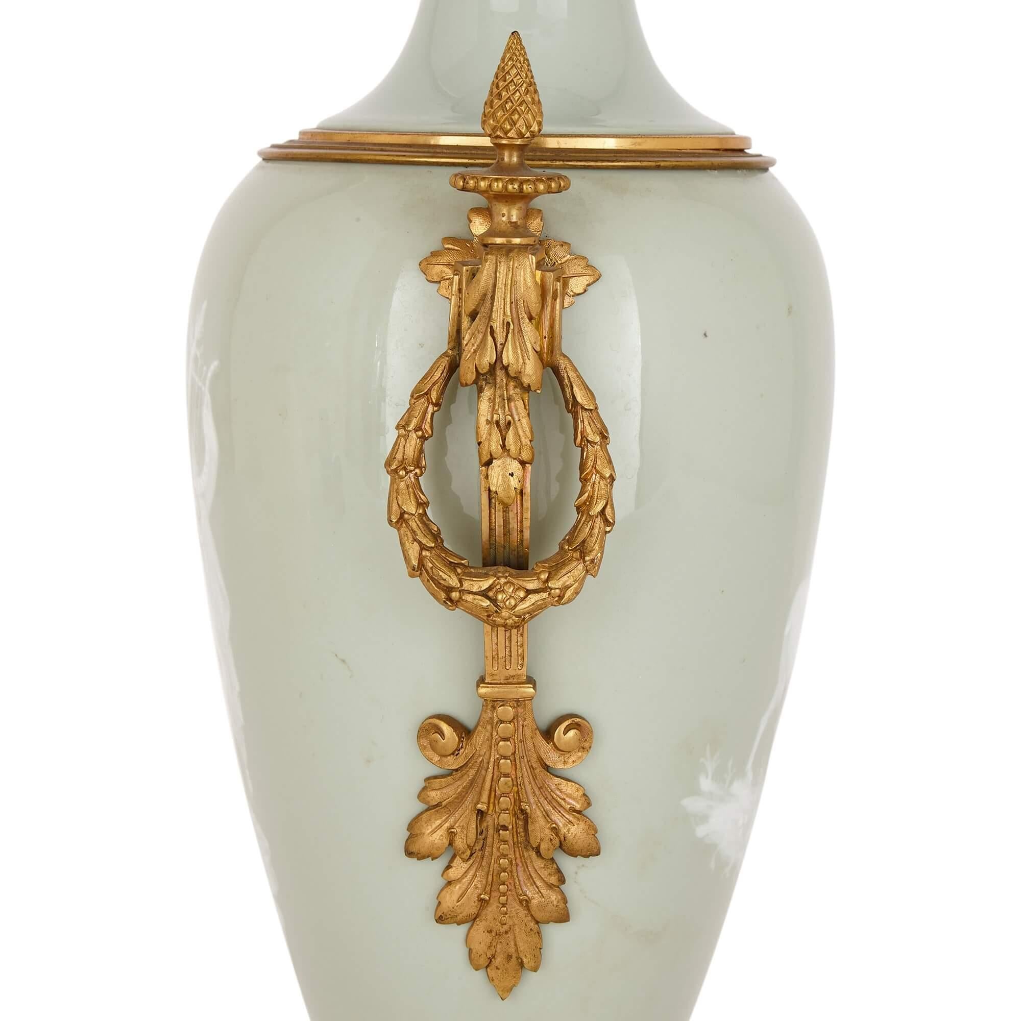 French Ormolu Mounted Celadon Porcelain Pâte-sur-pâte Vase-Form Lamp For Sale