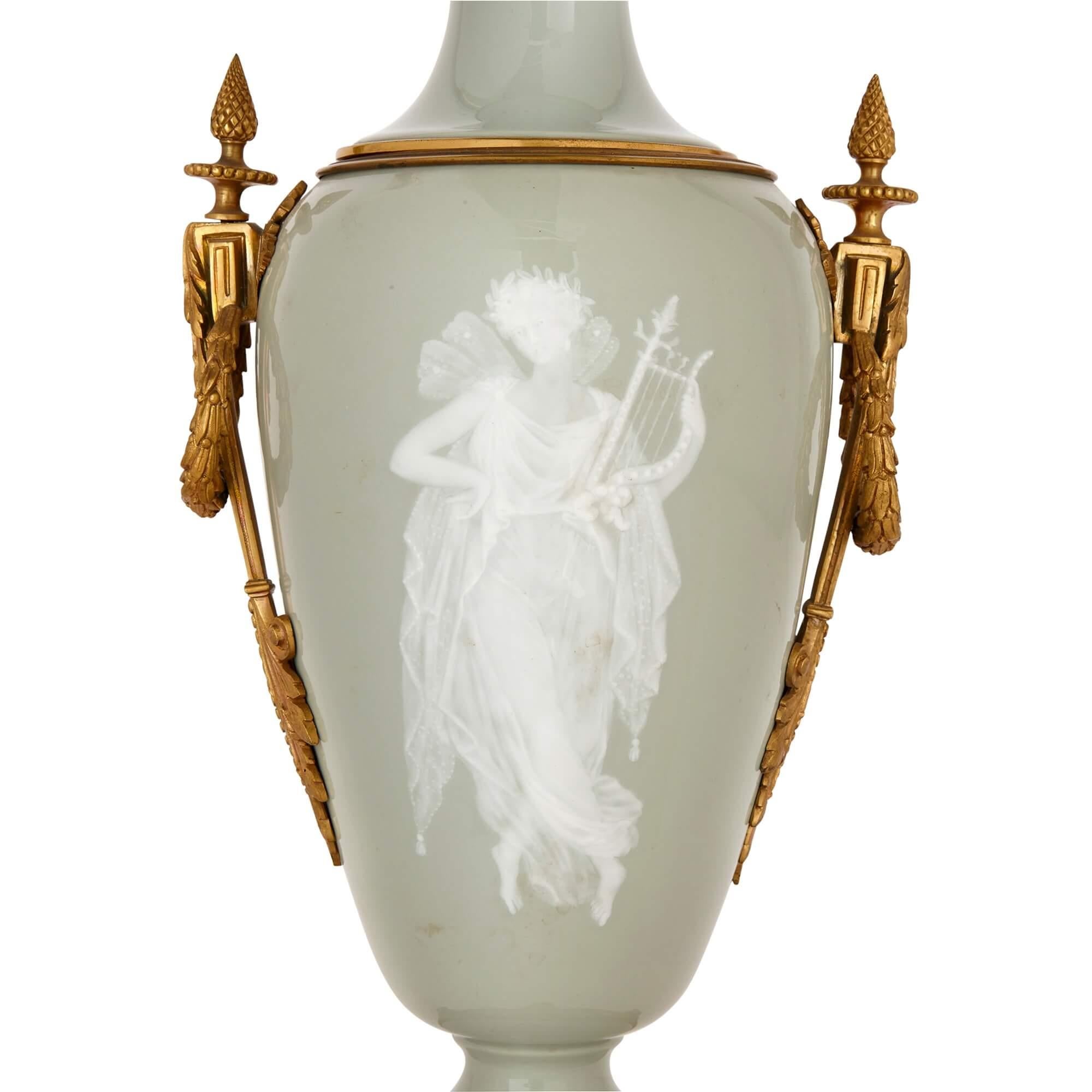 Ormolu Mounted Celadon Porcelain Pâte-sur-pâte Vase-Form Lamp In Excellent Condition For Sale In London, GB