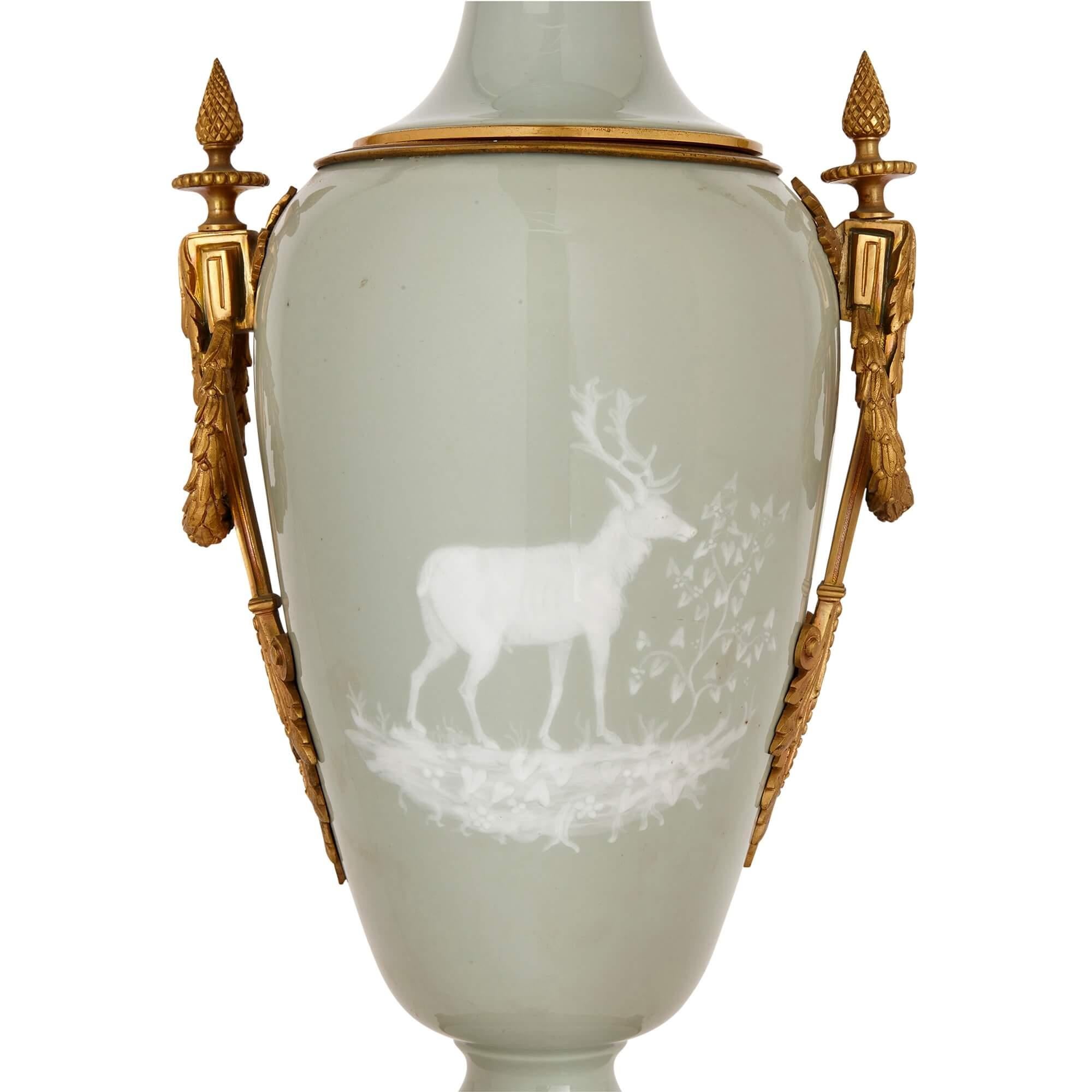 19th Century Ormolu Mounted Celadon Porcelain Pâte-sur-pâte Vase-Form Lamp For Sale
