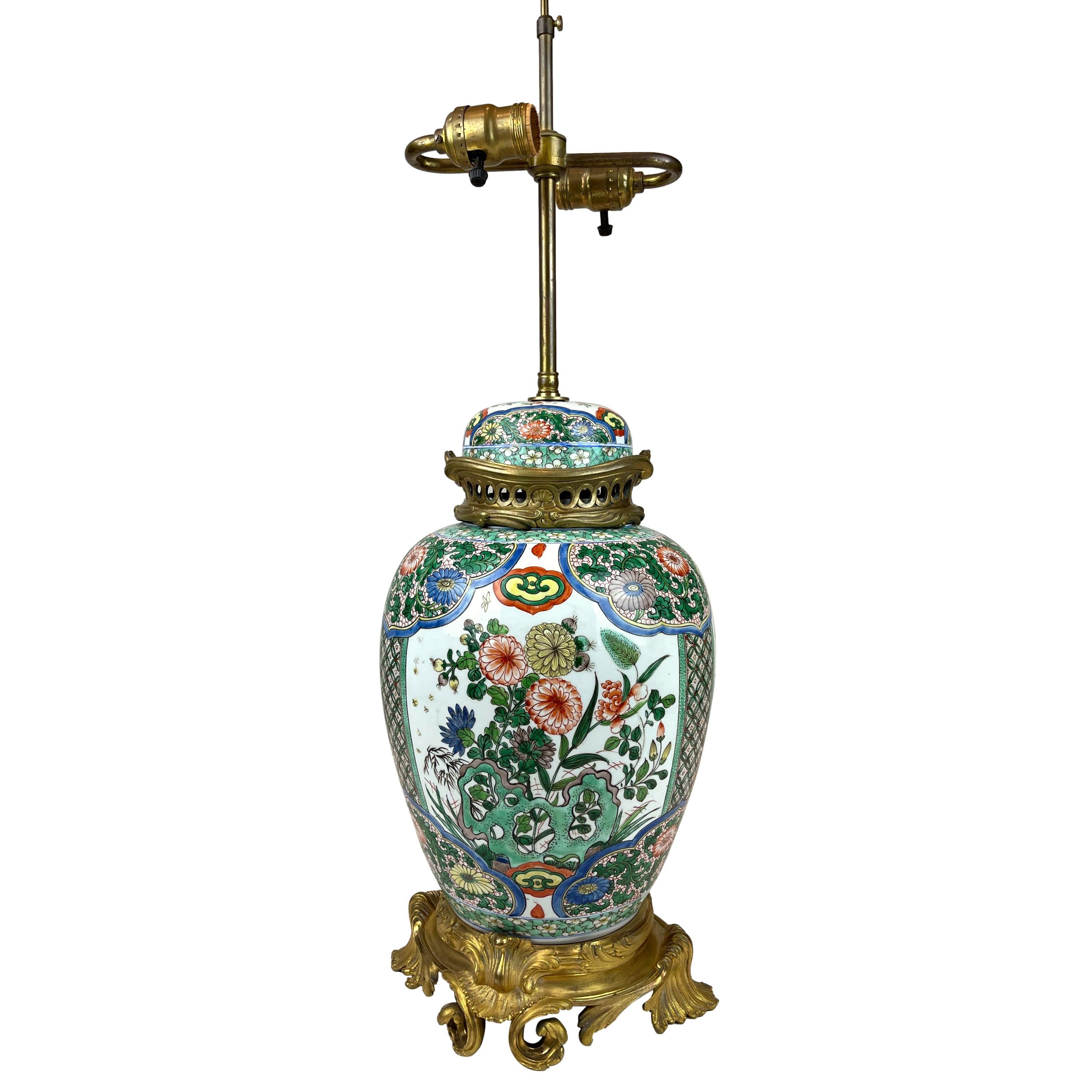 Polychromed Chinese Export Porcelain Temple Jar French Bronze Ormolu-Mounted Lamp