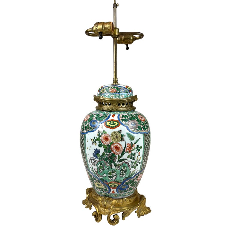 Chinese Export Porcelain Temple Jar French Bronze OrmoluMounted Lamp