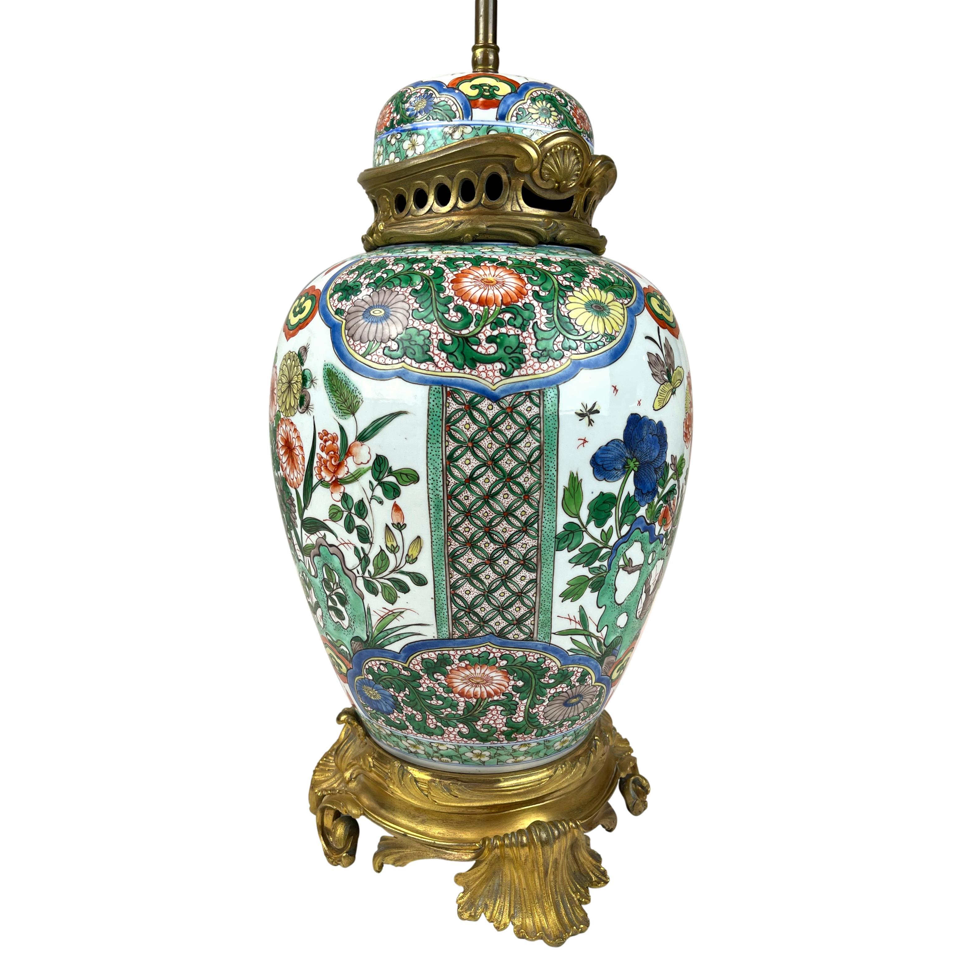 20th Century Chinese Export Porcelain Temple Jar French Bronze Ormolu-Mounted Lamp