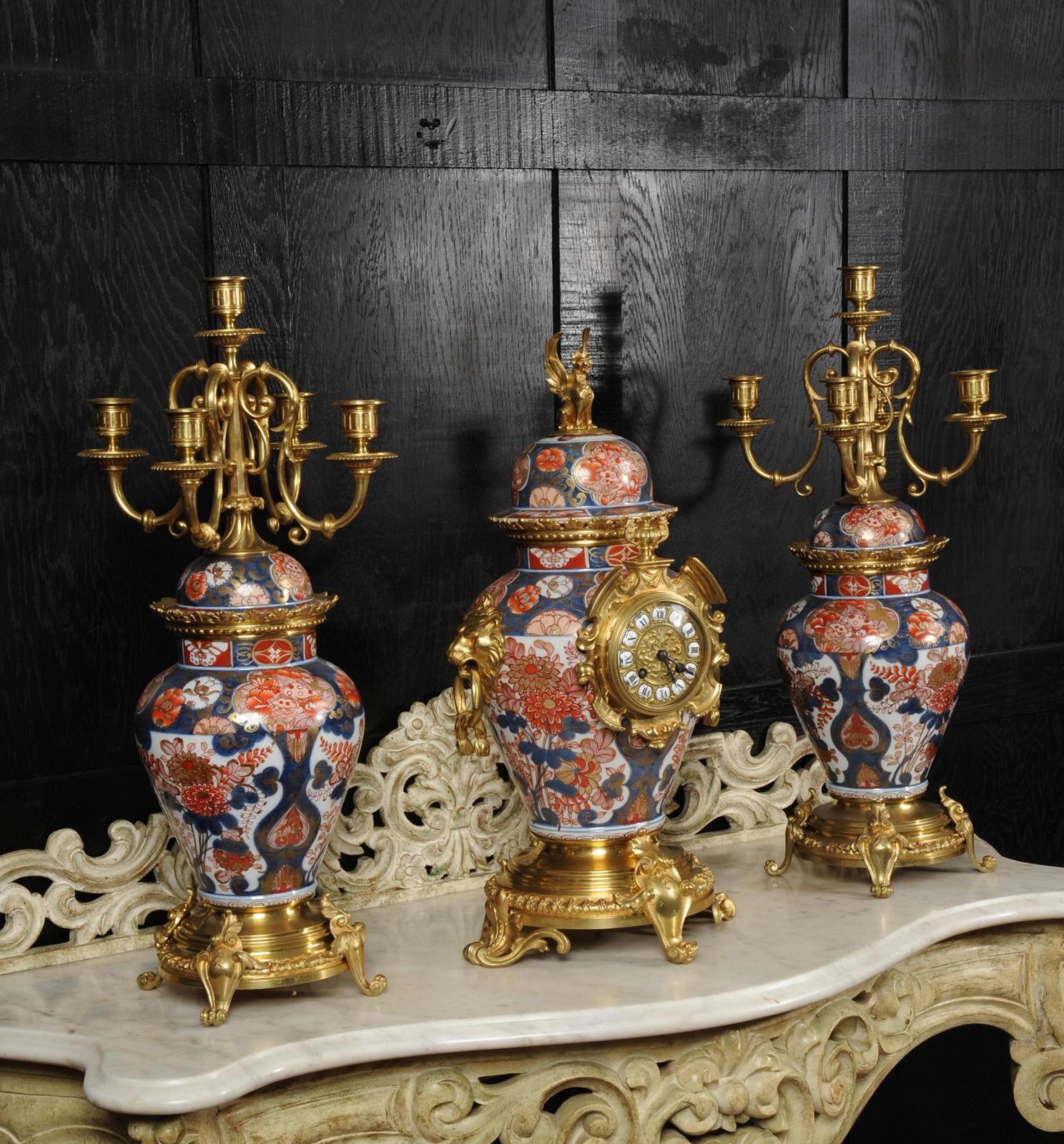 Ormolu Mounted Imari Porcelain Antique Clock Set For Sale 4
