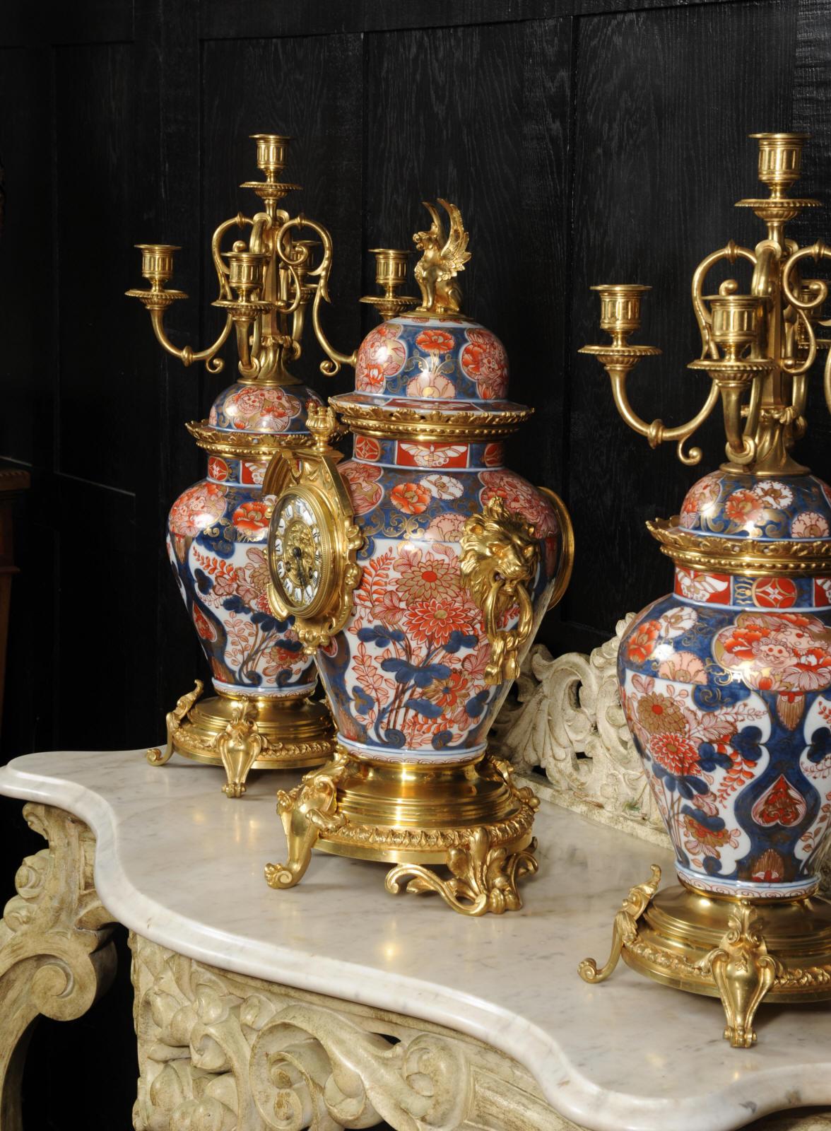 Antikes Uhren-Set mit Goldbronze-Montierung aus Imari-Porzellan im Angebot 5