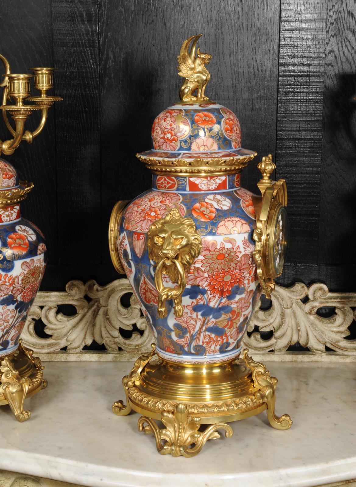 Ormolu Mounted Imari Porcelain Antique Clock Set For Sale 6