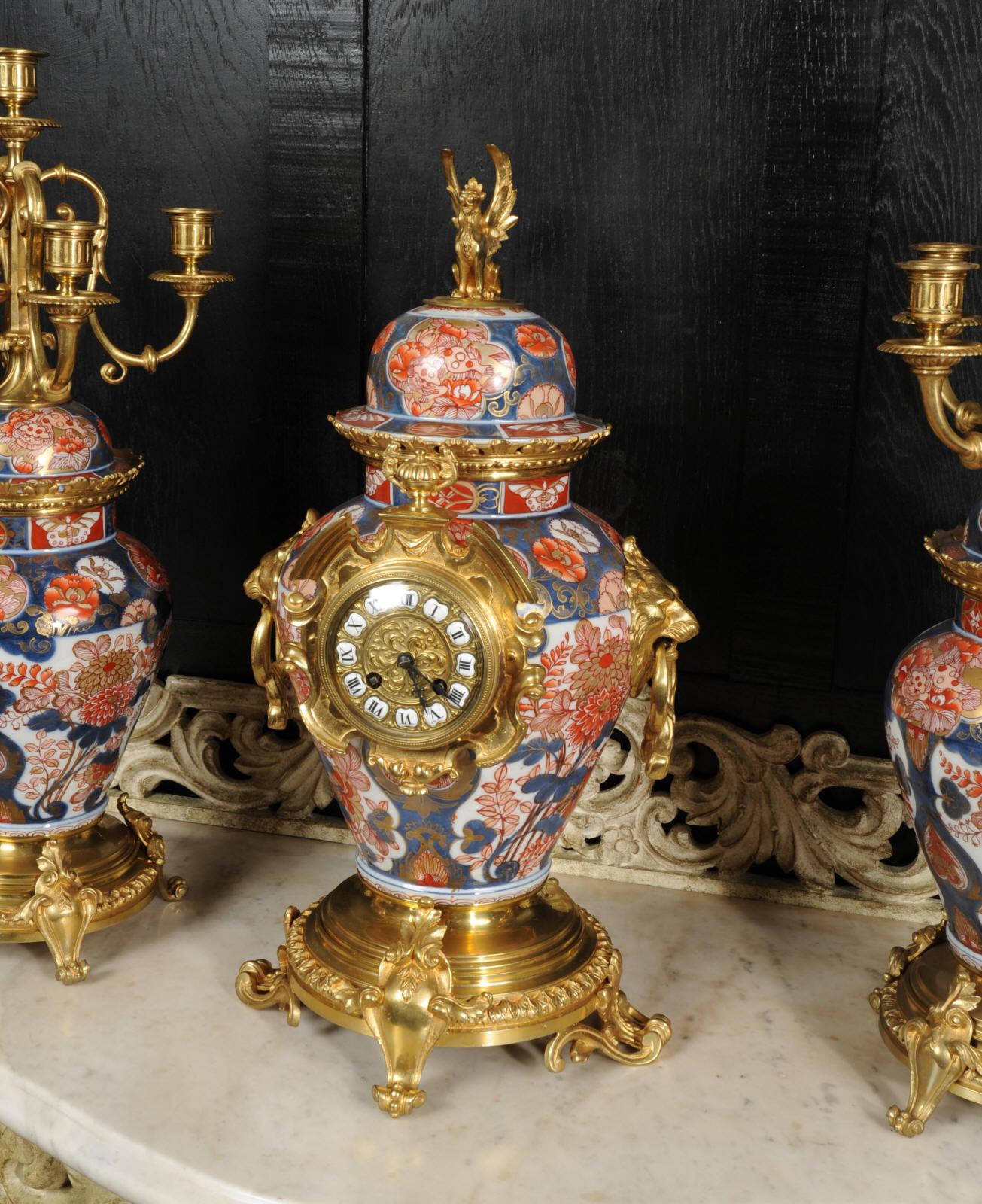 Ormolu Mounted Imari Porcelain Antique Clock Set For Sale 7
