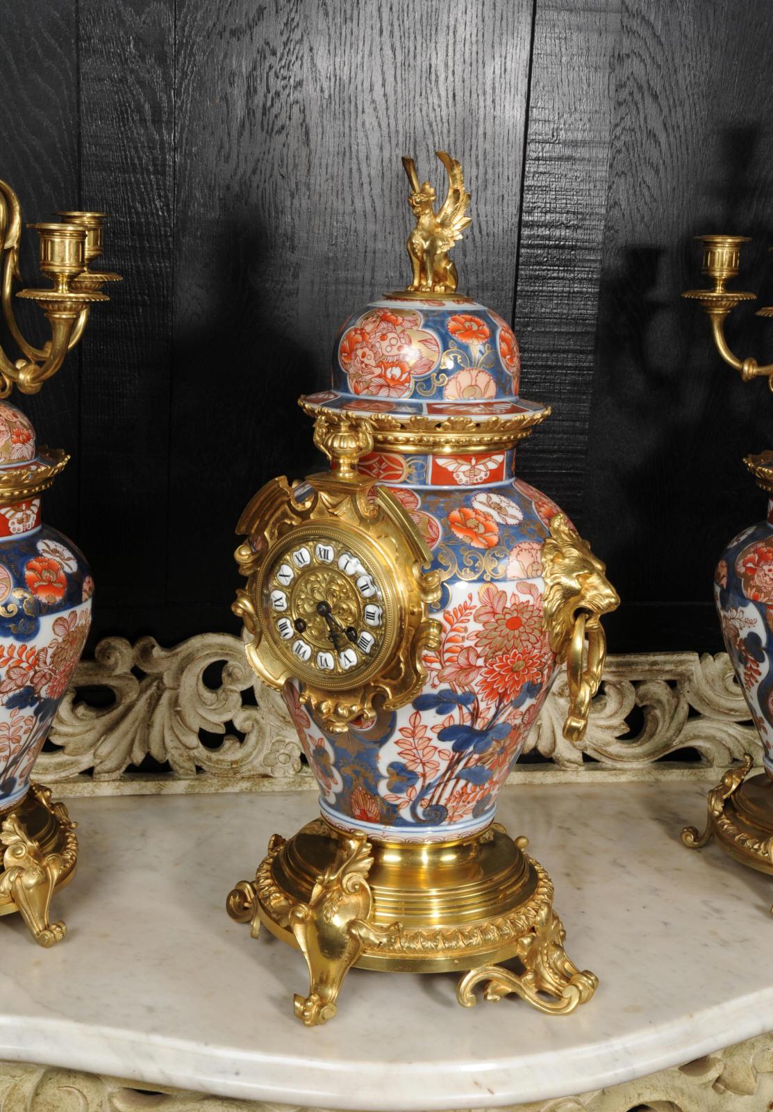 Ormolu Mounted Imari Porcelain Antique Clock Set For Sale 9