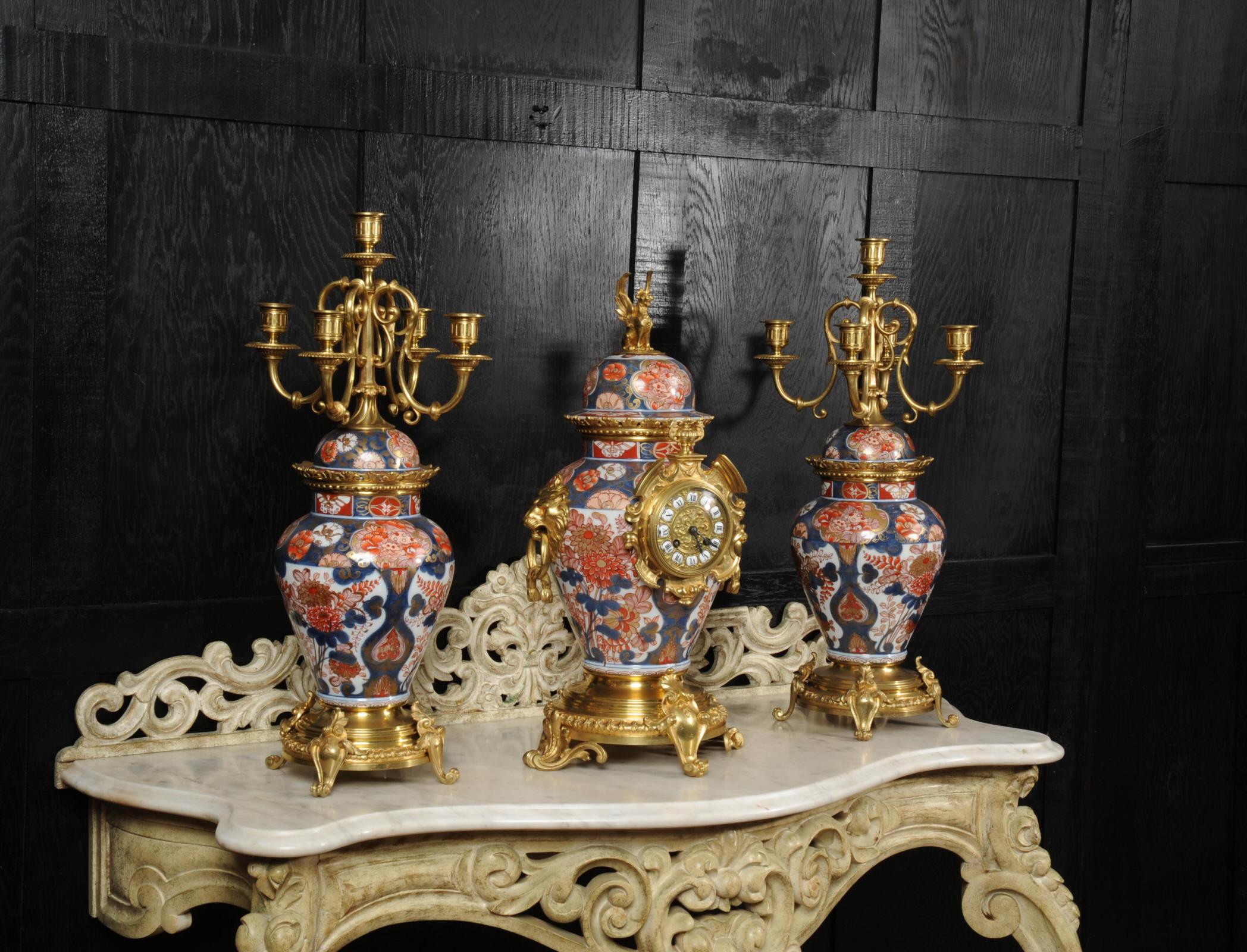 Louis XV Ormolu Mounted Imari Porcelain Antique Clock Set For Sale