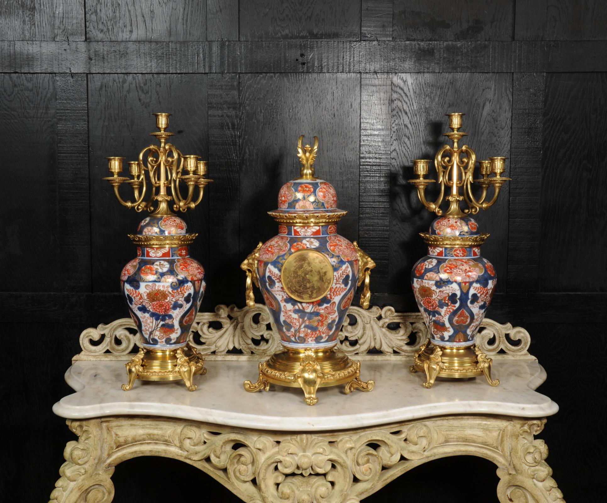 French Ormolu Mounted Imari Porcelain Antique Clock Set For Sale