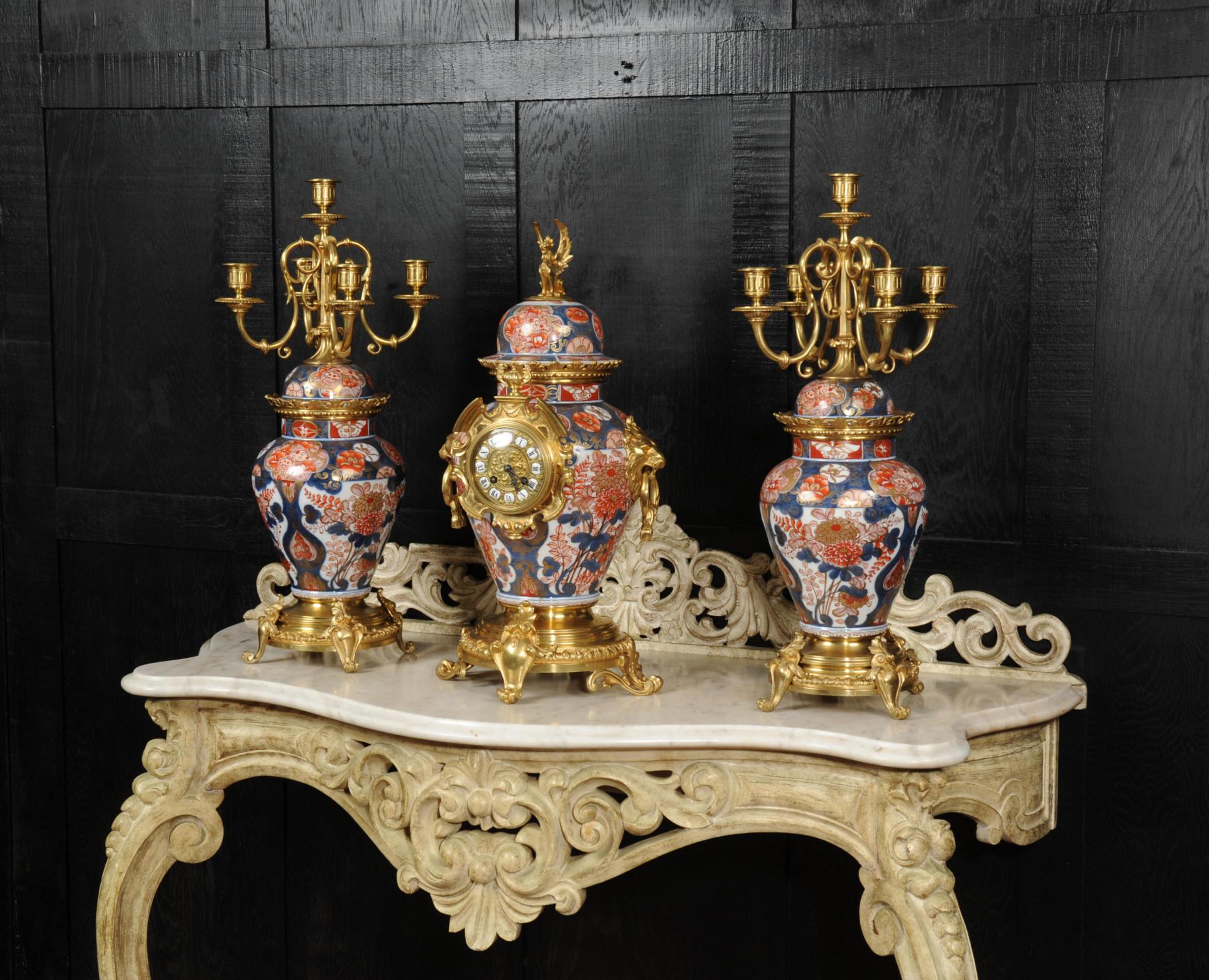 19th Century Ormolu Mounted Imari Porcelain Antique Clock Set For Sale