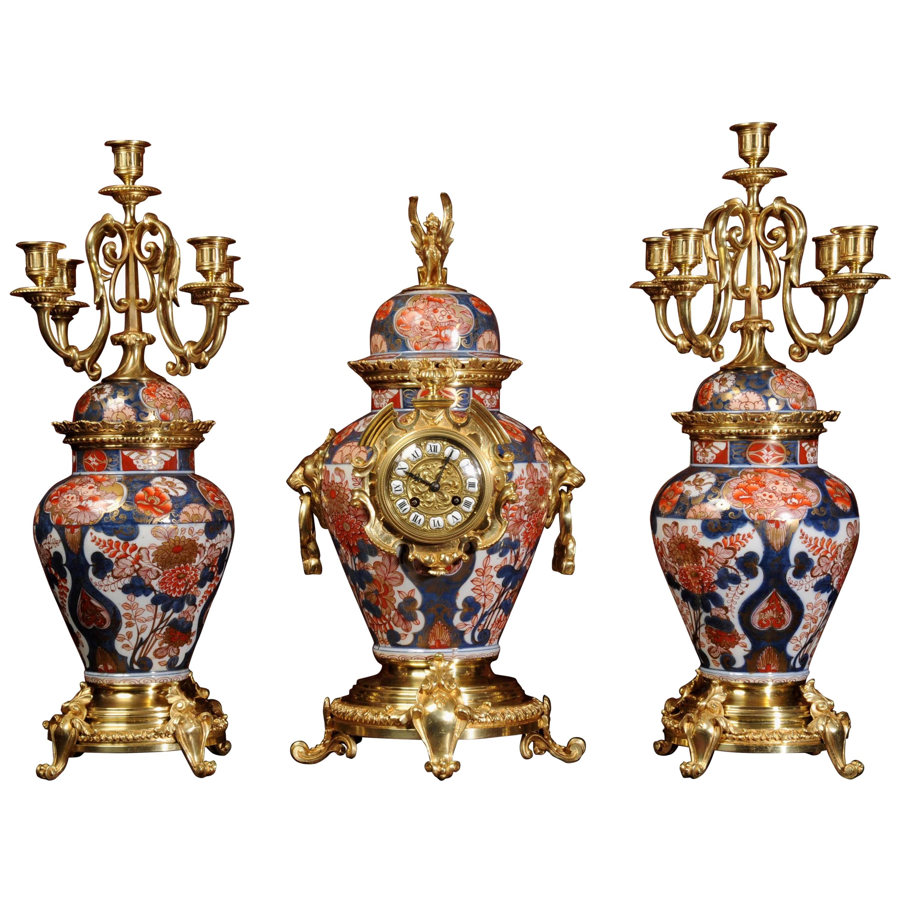 Ormolu Mounted Imari Porcelain Antique Clock Set For Sale