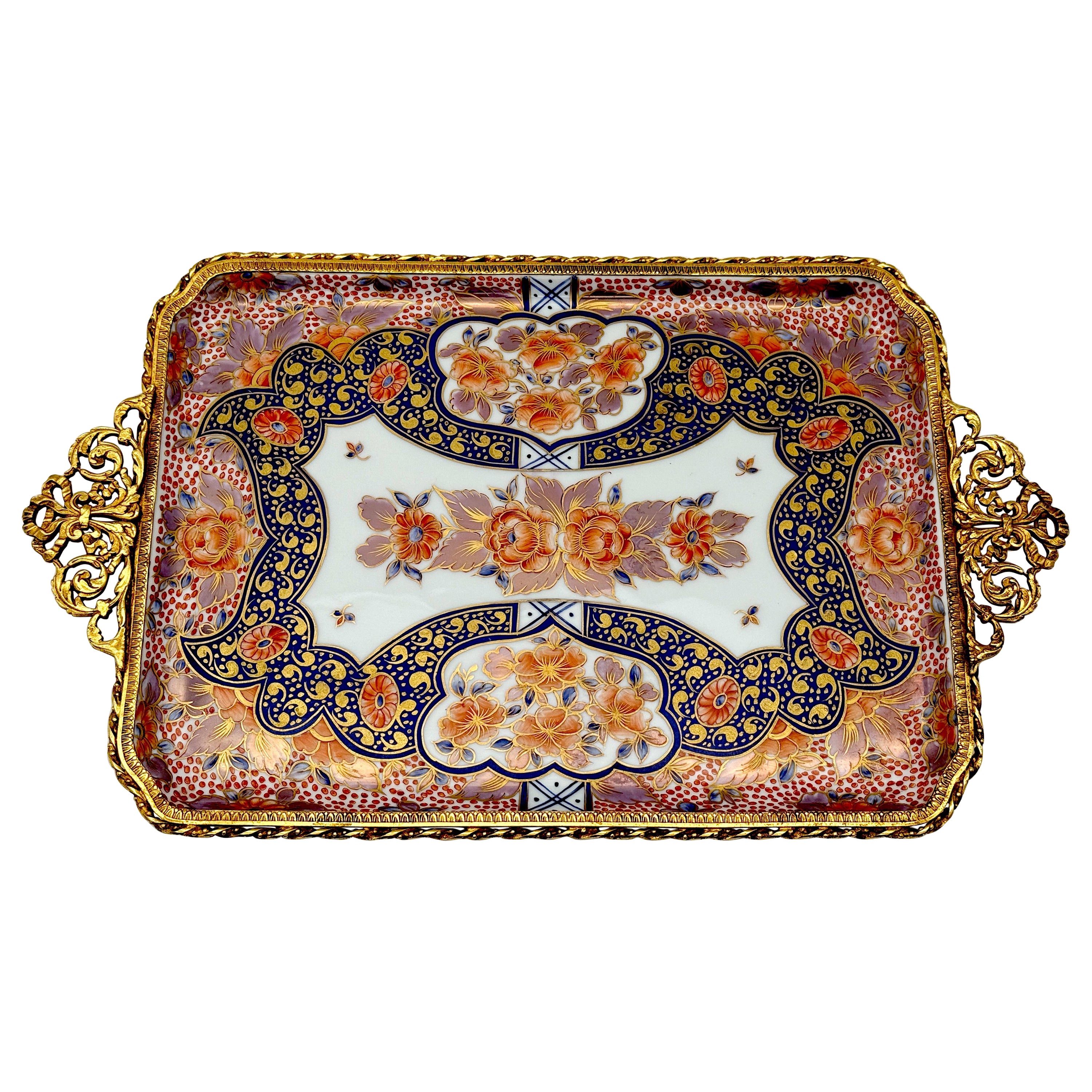 Ormolu Mounted Limoges Royal Crown Derby Style 'Imari' Handled Tray