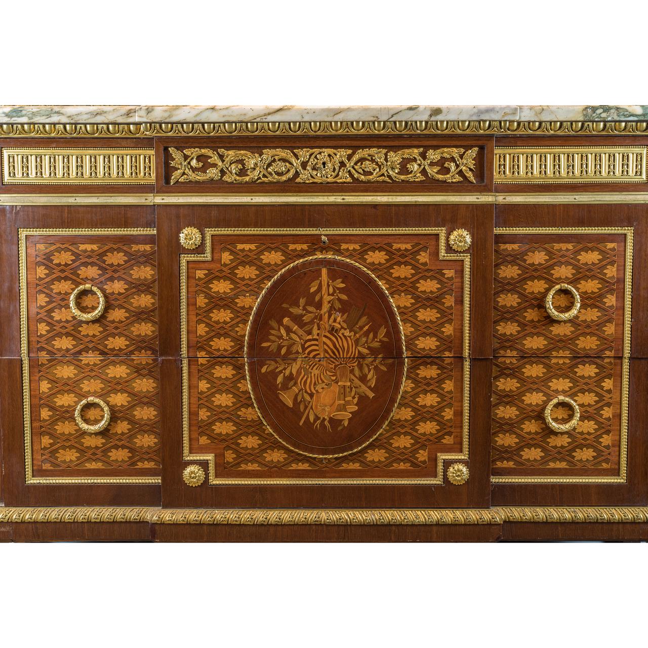 French Ormolu-Mounted Parquetry, Marquetry Mahogany Marble-Top Commode For Sale