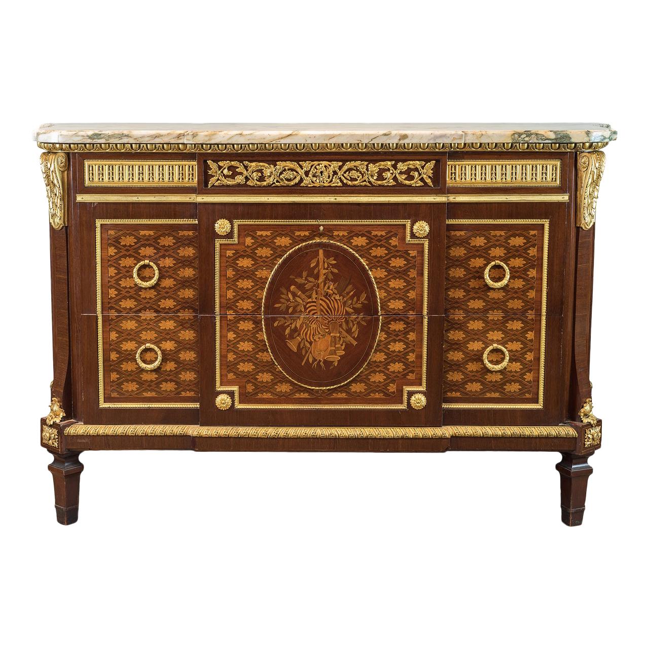 Ormolu-Mounted Parquetry, Marquetry Mahogany Marble-Top Commode