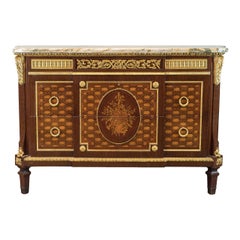 Ormolu-Mounted Parquetry, Marquetry Mahogany Marble-Top Commode