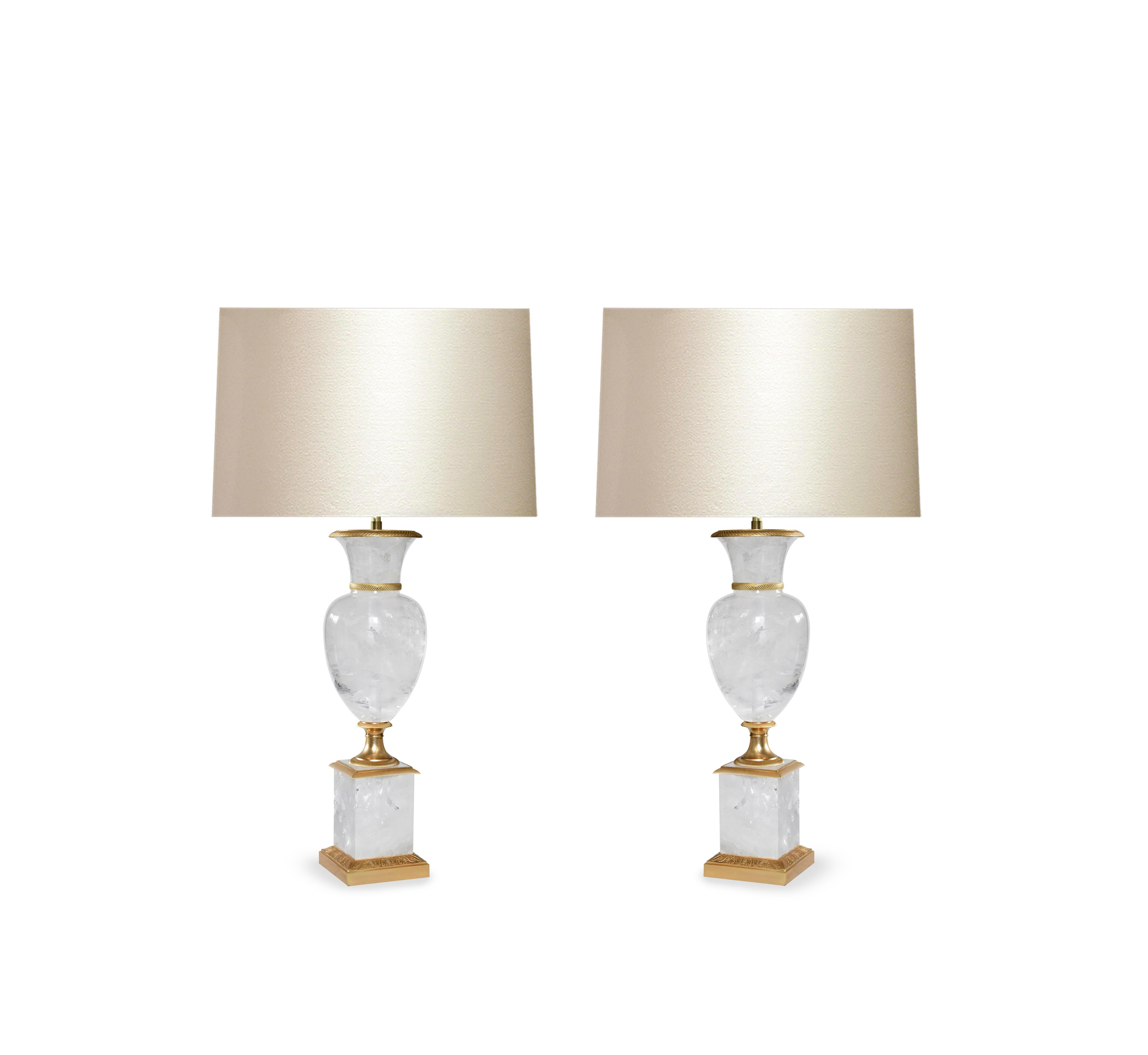Pair of classic style ormolu-mounted rock crystal lamps. Created by Phoenix Gallery, NYC.
Available in nickel plating and antique brass finishes.
To the top of rock crystal: 20 inch.
(Lampshade not included).