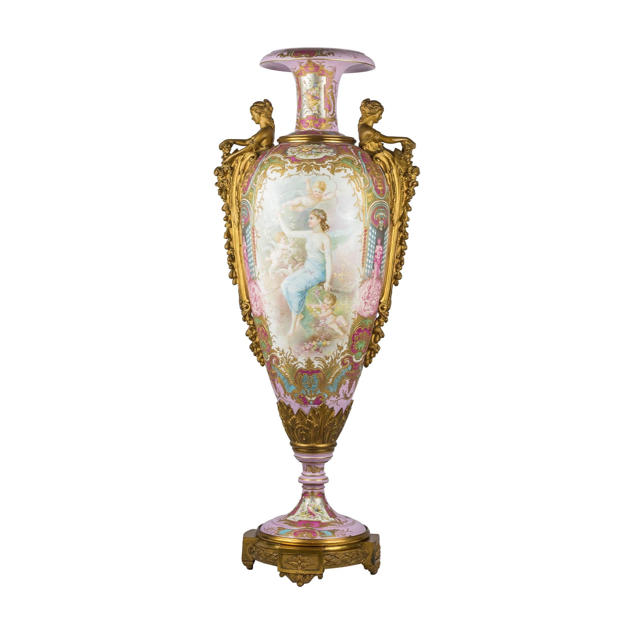 Ormolu-Mounted Sèvres-Style Pink-Ground Vase For Sale