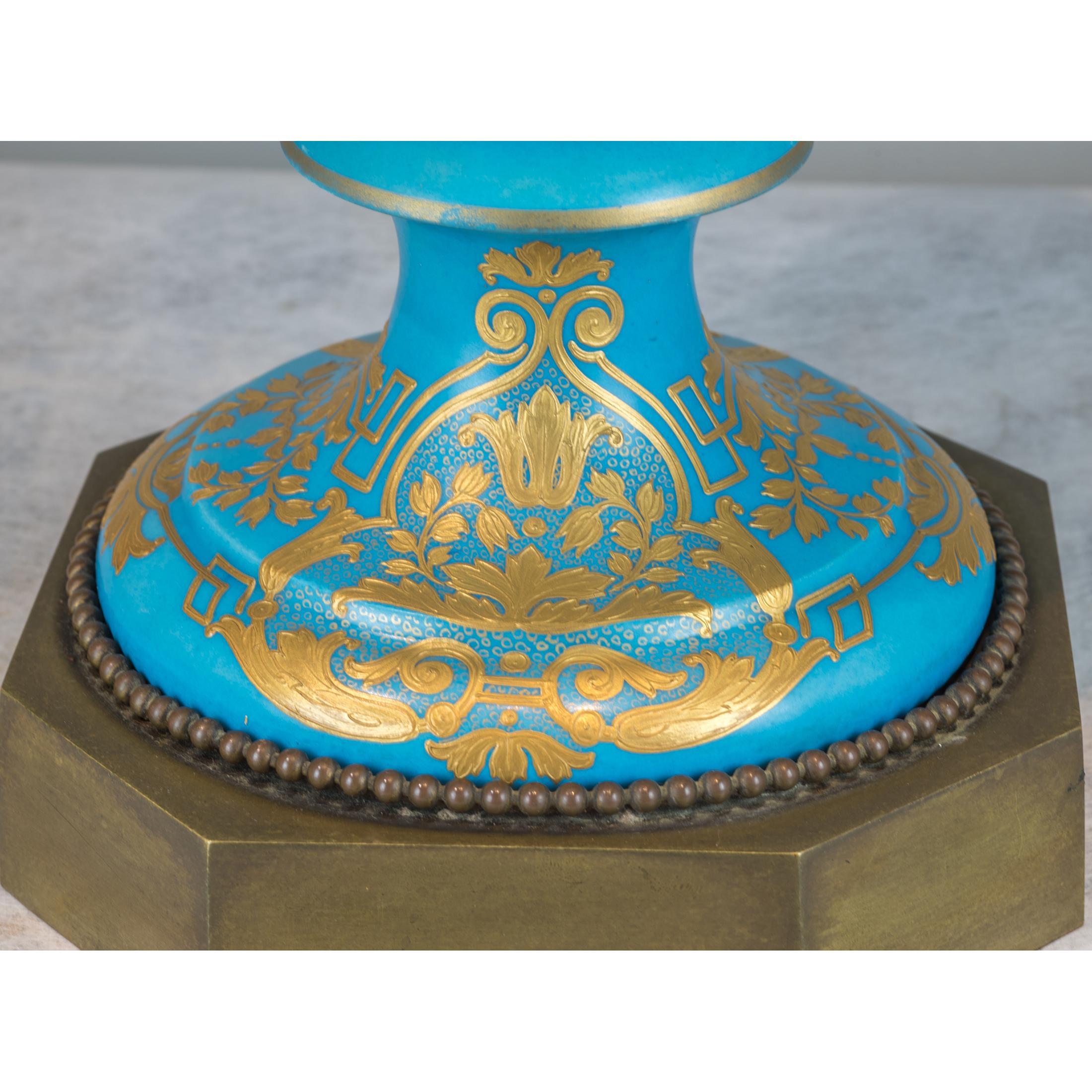 Ormolu-Mounted Sèvres Style Turquoise-Ground Vase and Cover For Sale 1