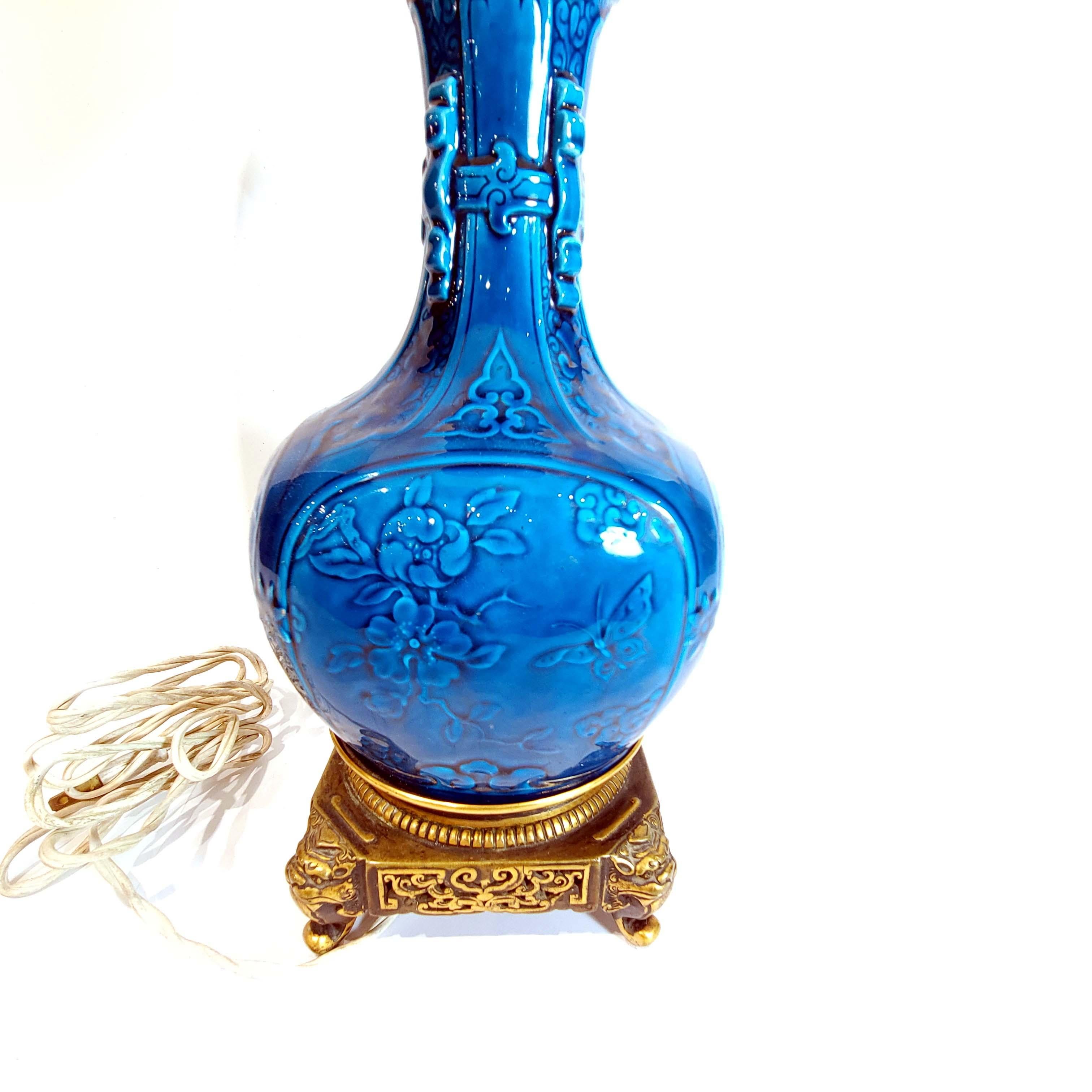 Glazed Ormolu Mounted  THEODORE DECK 'PERSIAN BLUE' Vase Mounted as Lamp