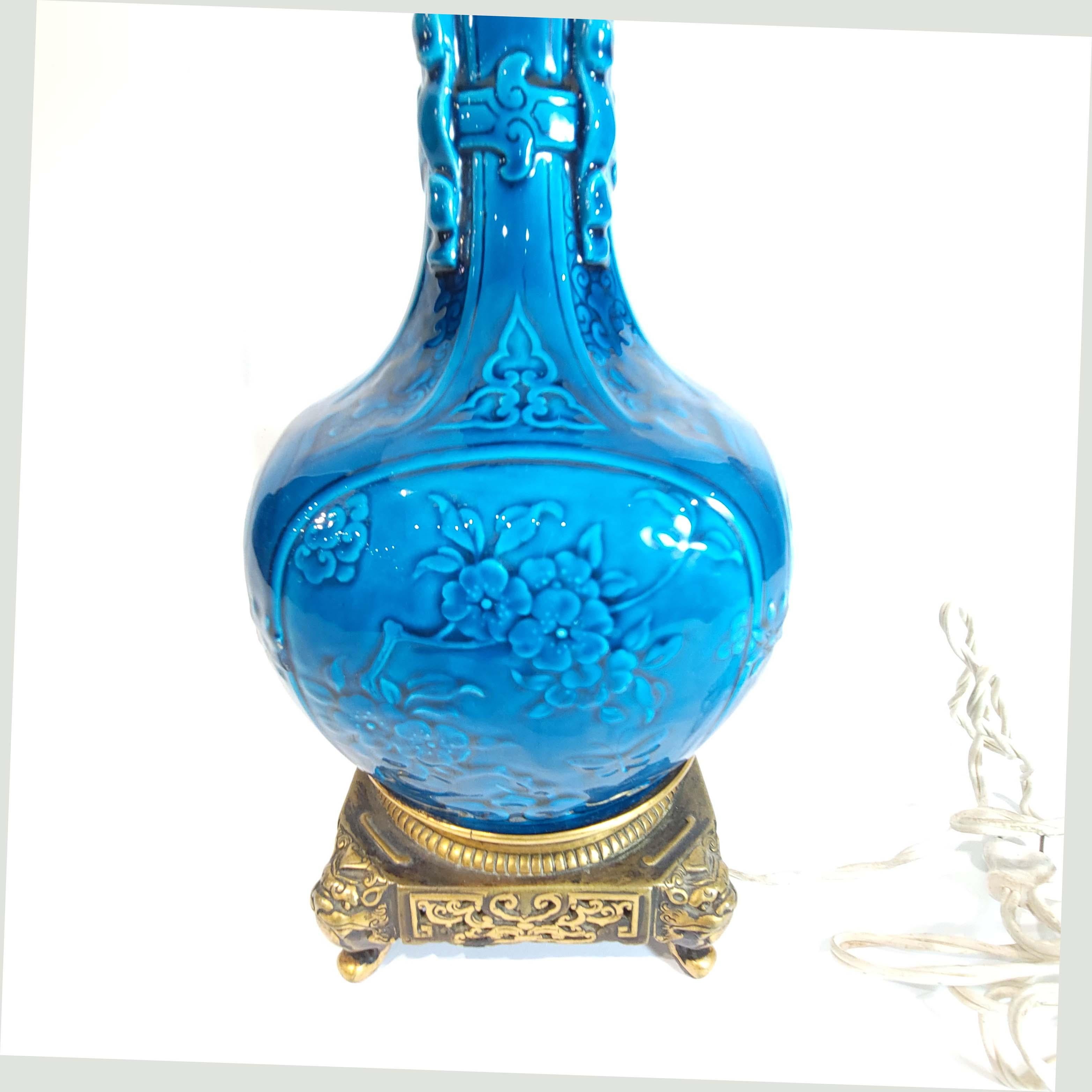 Ormolu Mounted  THEODORE DECK 'PERSIAN BLUE' Vase Mounted as Lamp In Good Condition In New York, NY
